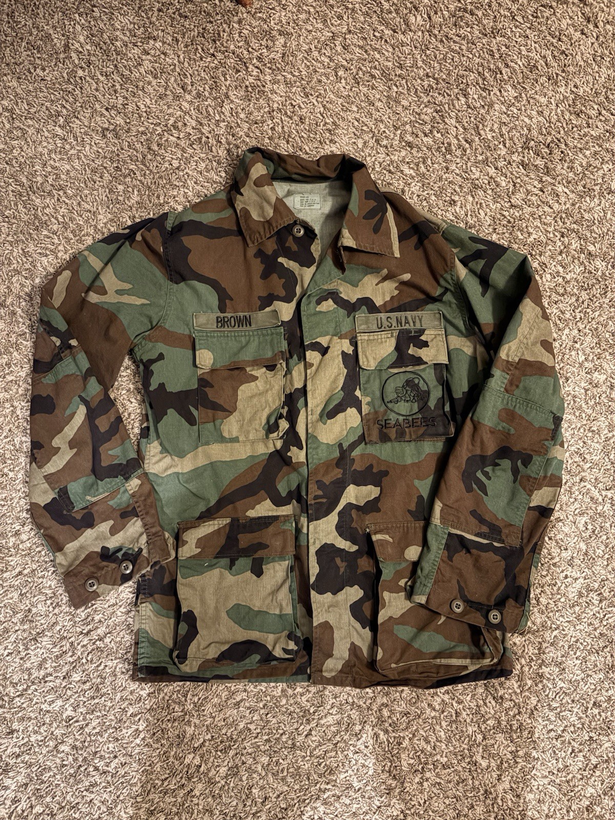 Vintage 1983 US Navy Seabees Woodland Camo BDU Jacket Coat DLA-83 Sz M Cold War