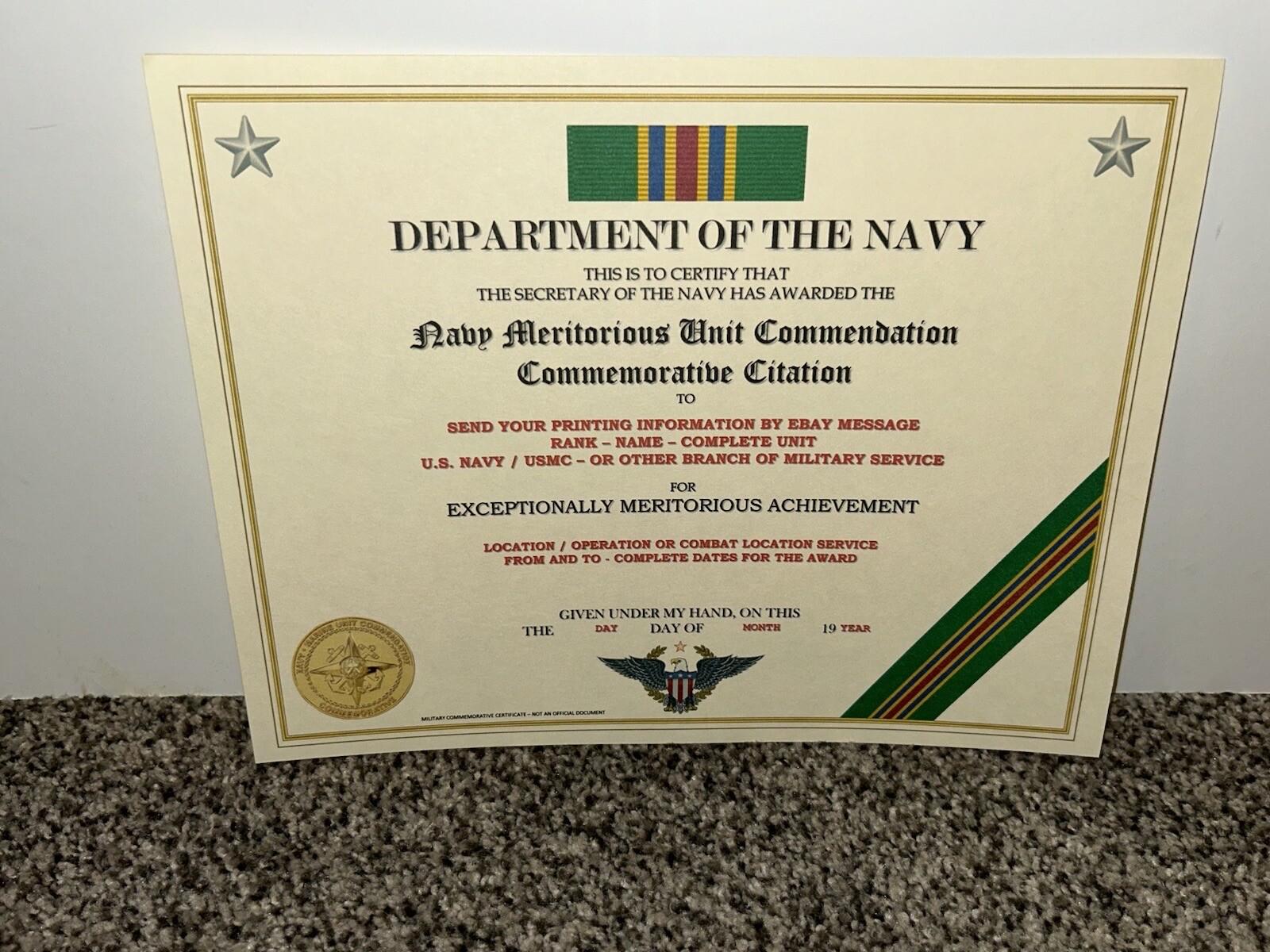NAVY MERITORIOUS UNIT COMMENDATION COMMEMORATIVE CERTIFICATE ~W/PRINTING T-1