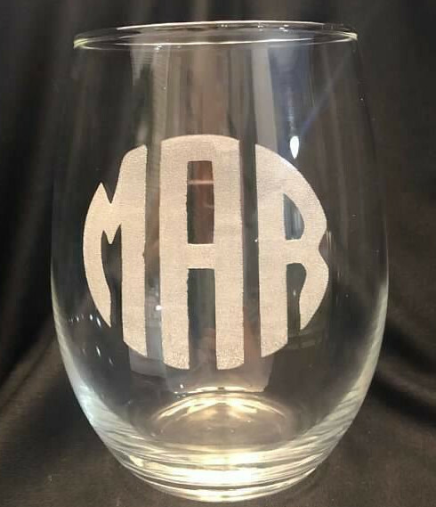 Custom MONOGRAM Wine Stemless Glass Engraved Wedding Anniversary GIFT PREPPY