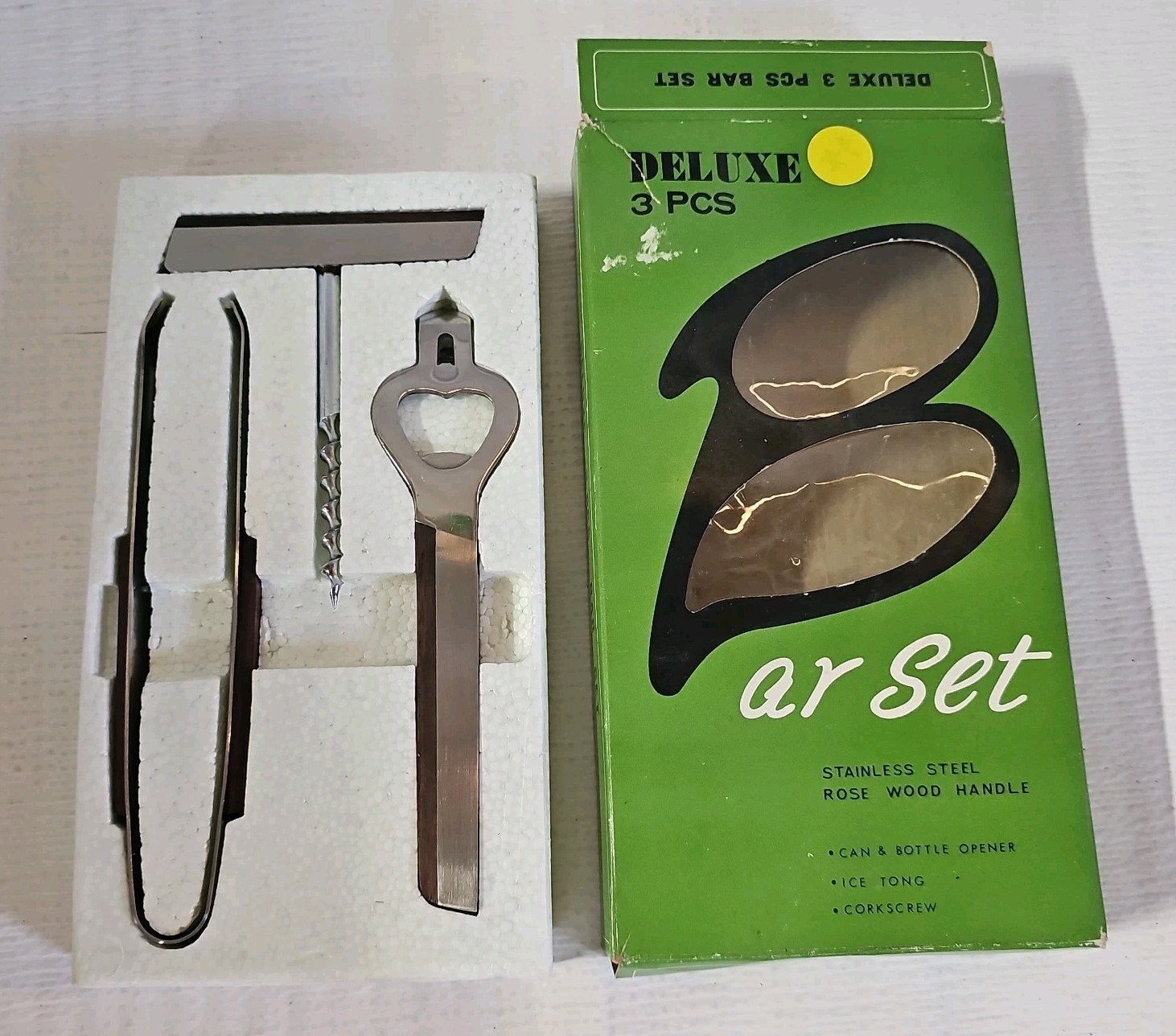Vintage Bar Set In Original Box Made In Japan 3 Piece Set Stainless Rose Wood