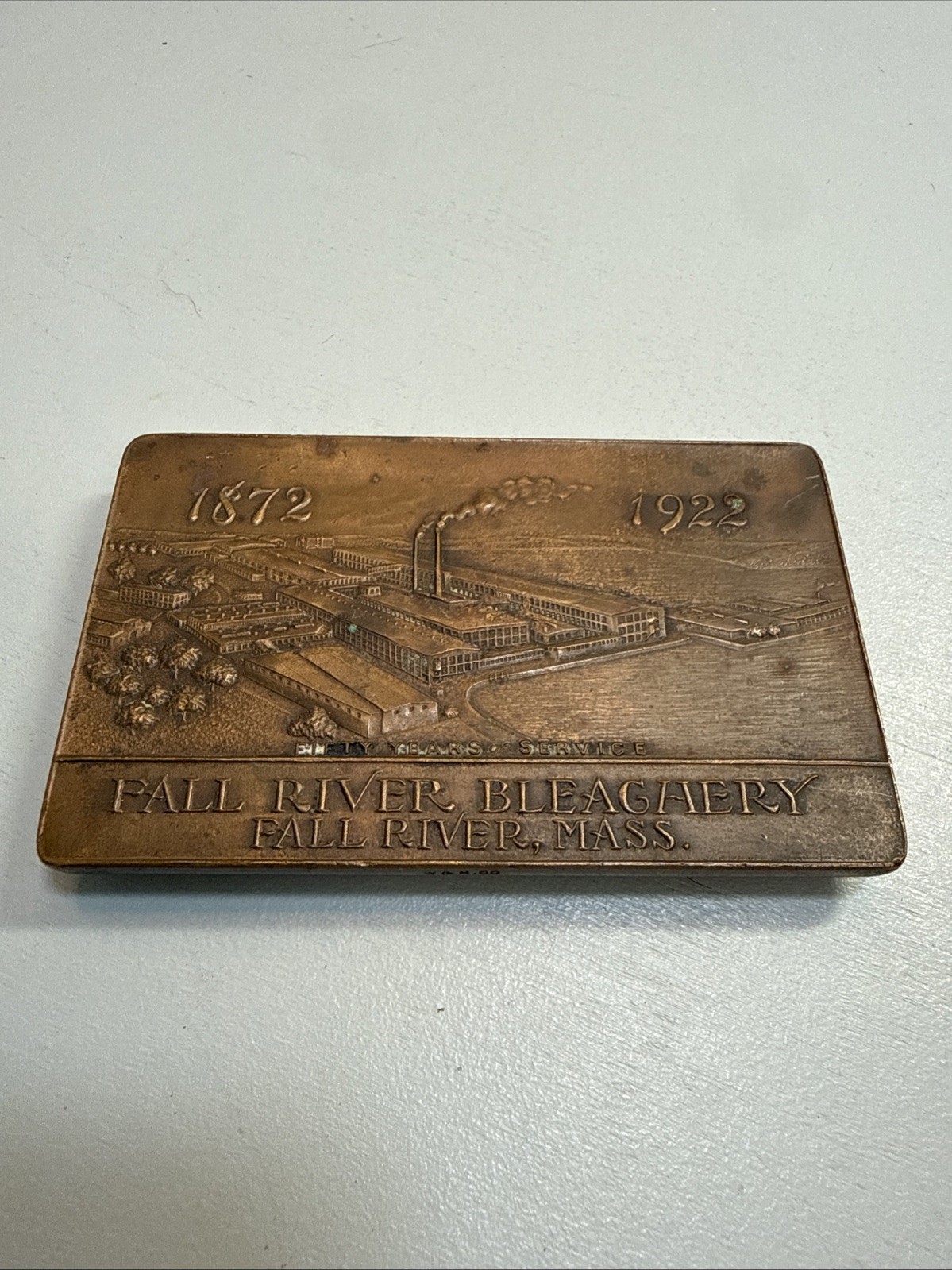 Vintage Brass Paperweight  1872-1922 Fall River Bleachery MASS Factory 50th