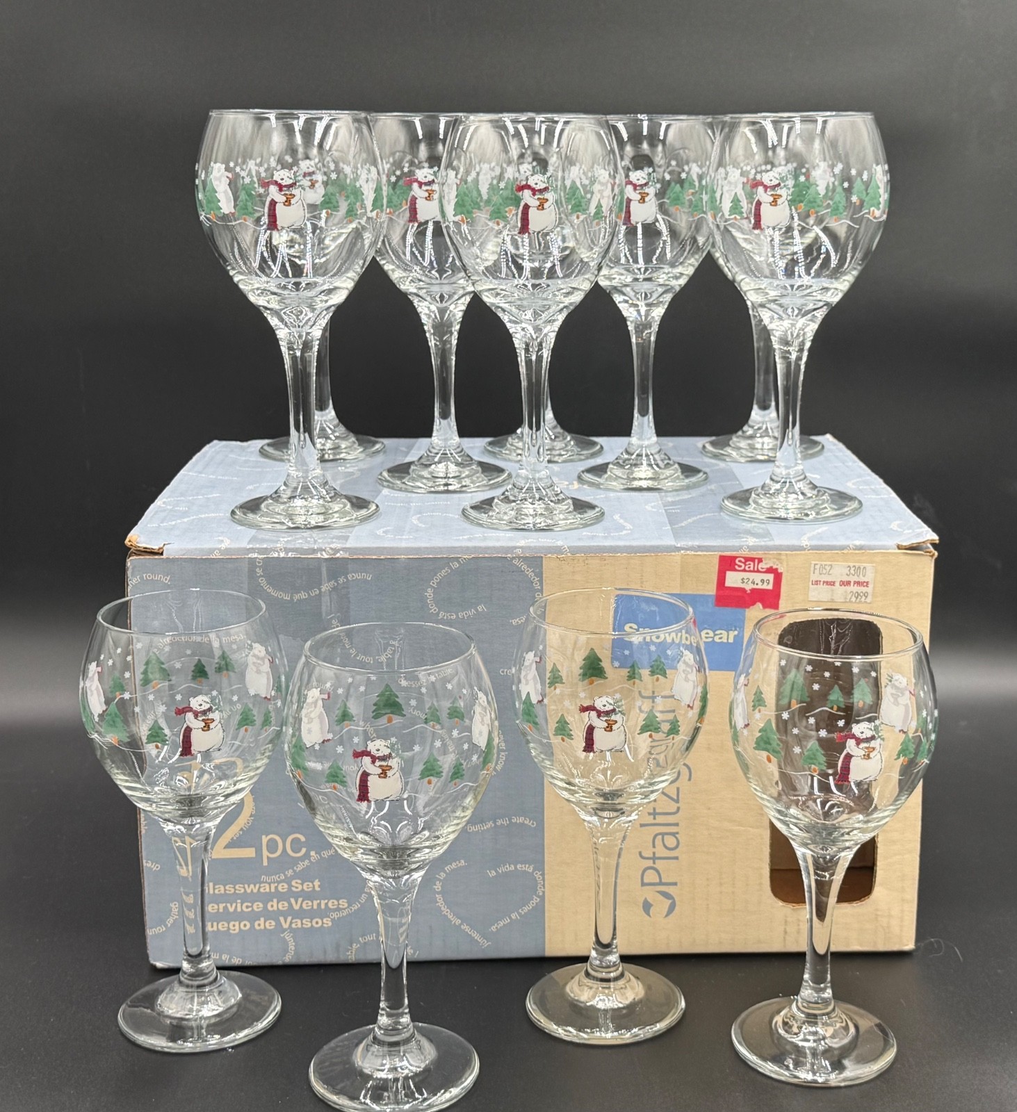 Pfaltzgraff Snowbear Wine Glasses Set of 12 13.5 Oz Christmas Original Box Rare