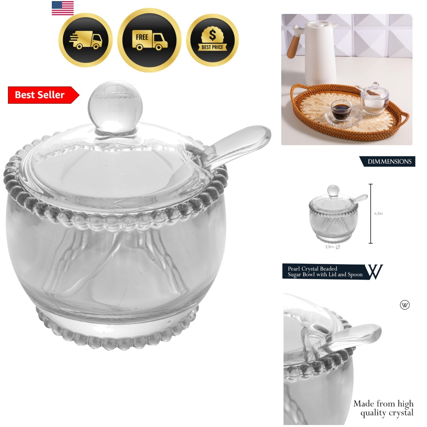 Pearl Crystal Beaded Sugar Bowl with Lid and Spoon, Clear Crystal Sugar Holde...