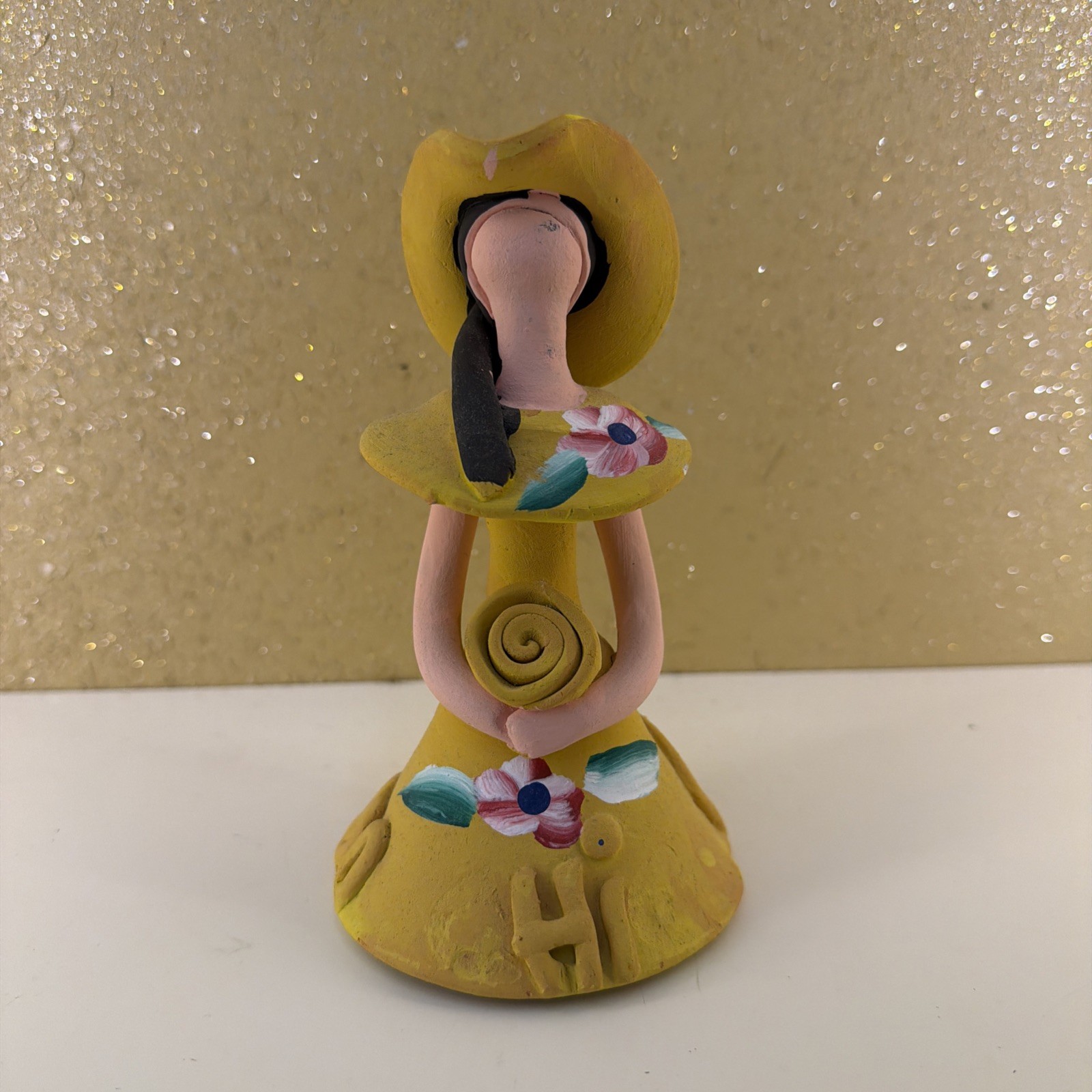 Vintage HandMade Dominican Clay Faceless Figure, Woman In Yellow Dress Punt Cana