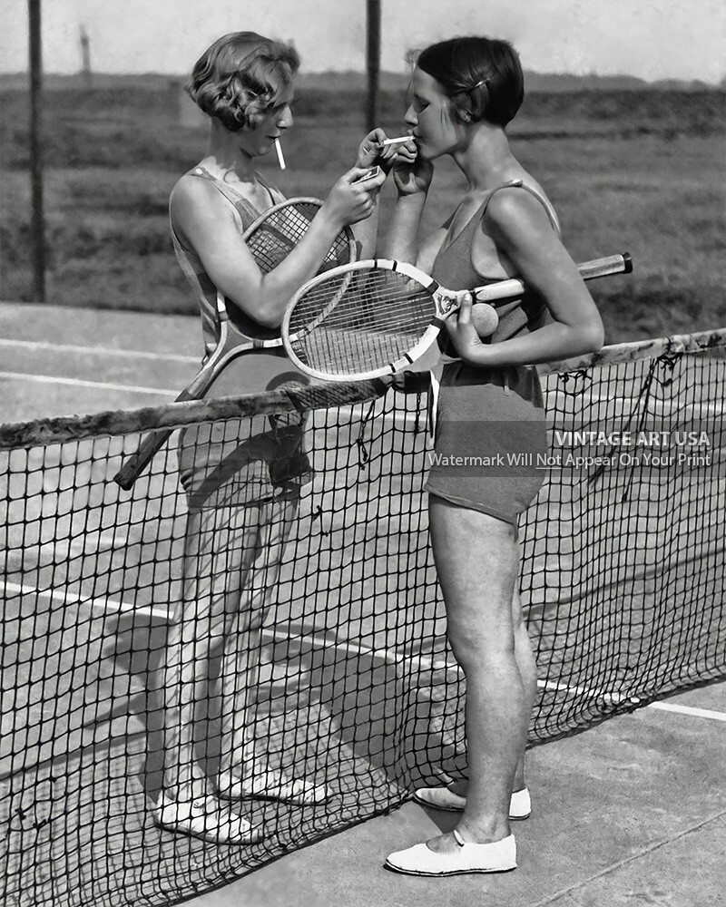 Girls Smoking on Tennis Court 8x10 Photo Vintage 1930s Women Having a Smoke