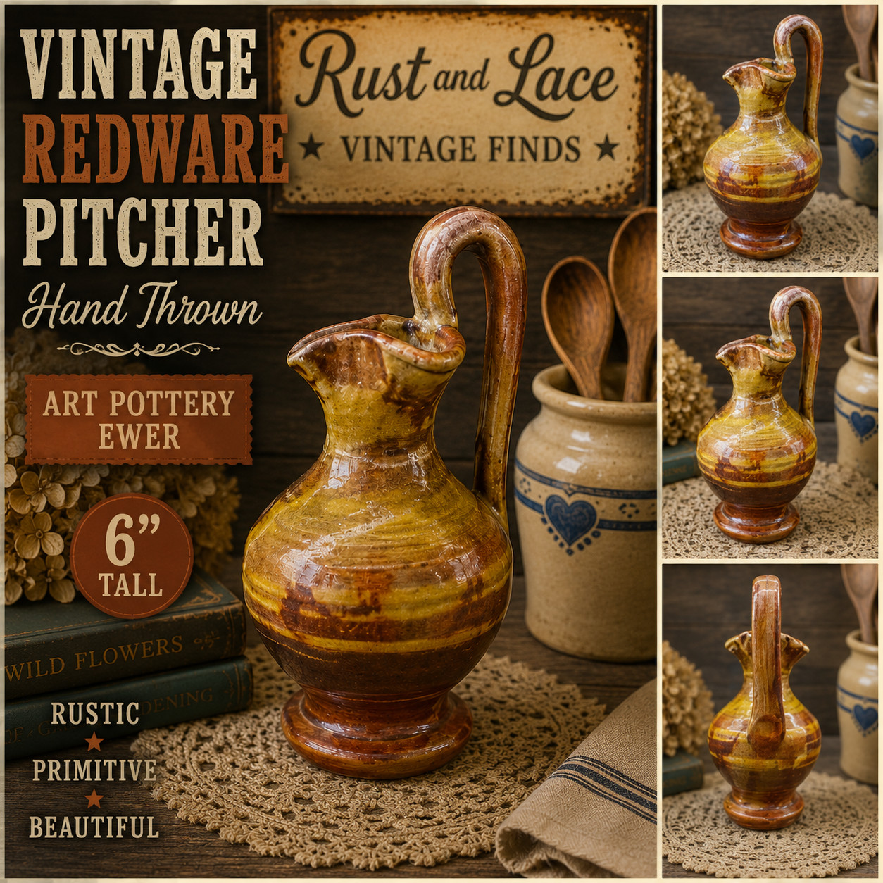 Studio Art Pottery Redware Ewer Pitcher Rustic Drip Glaze 6\