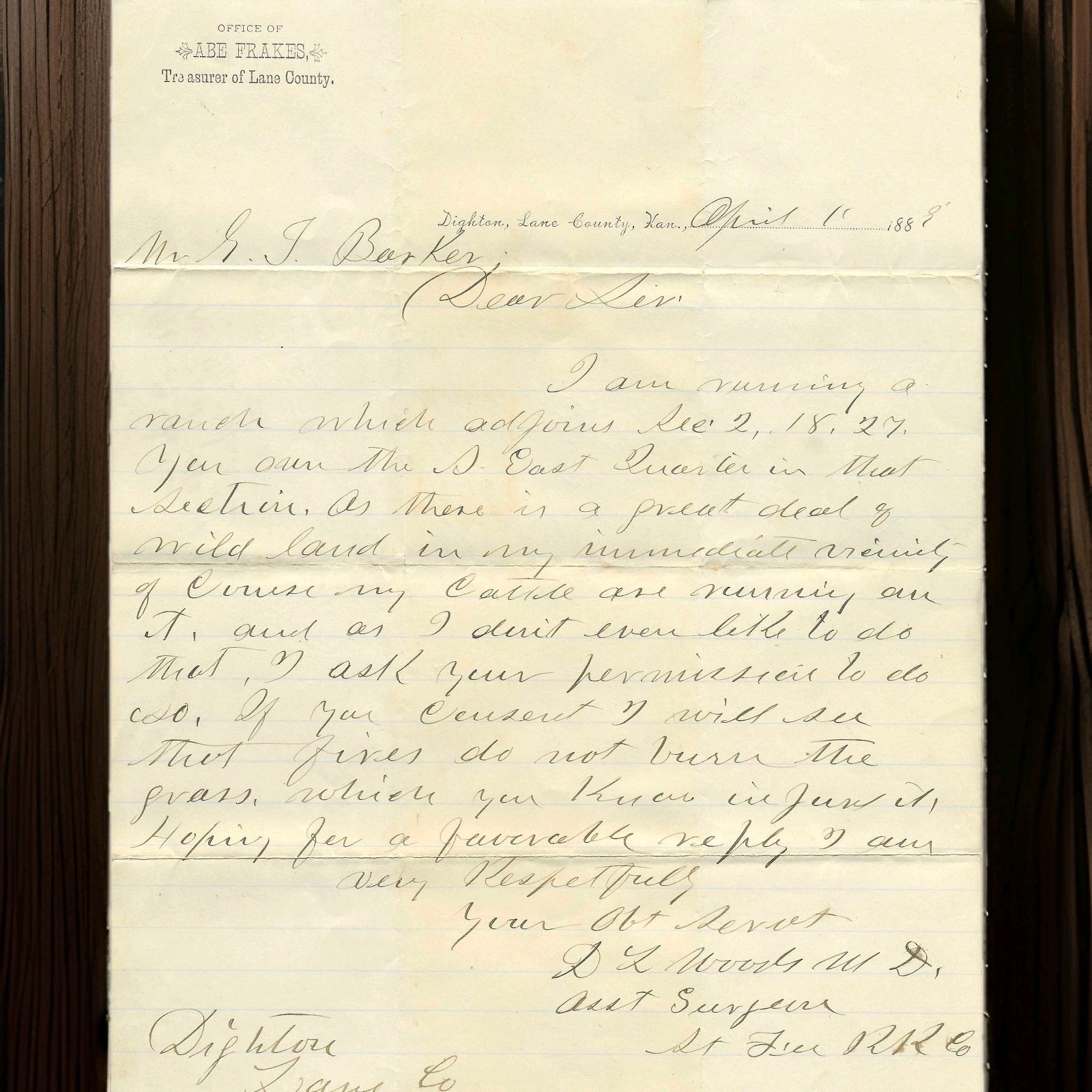 VINTAGE 1888 DIGHTON KANSAS HISTORICAL LETTER - ATCHISON TOPEKA & SANTA FE...