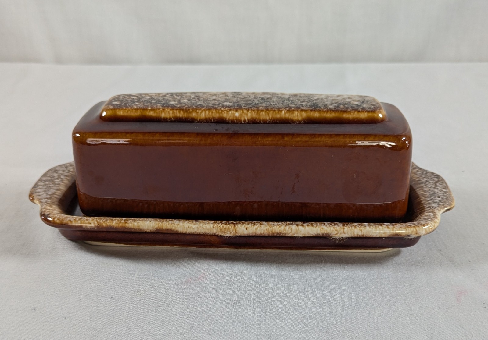 VTG Hull Pottery Butter Stick Dish w/Lid  DARK Brown Drip Glaze Oven Proof USA