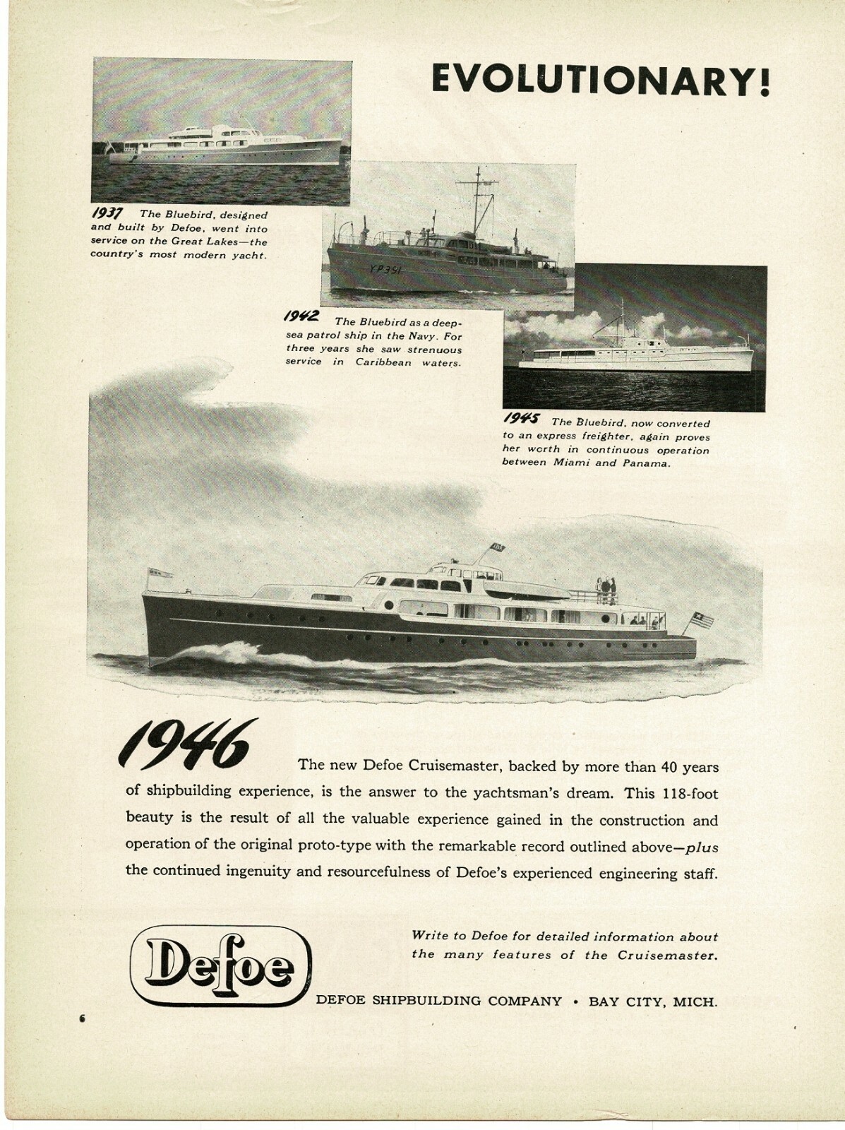 1946 DEFOE Shipbuilding Cruisemaster yacht USN YP351 patrol ship Vintage Ad