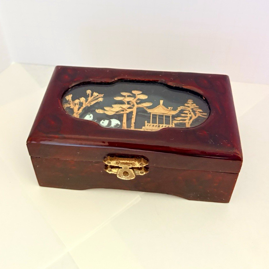Vintage Chinese Lacquer Trinket Jewelry Box Panda Pagoda Red Satin 5