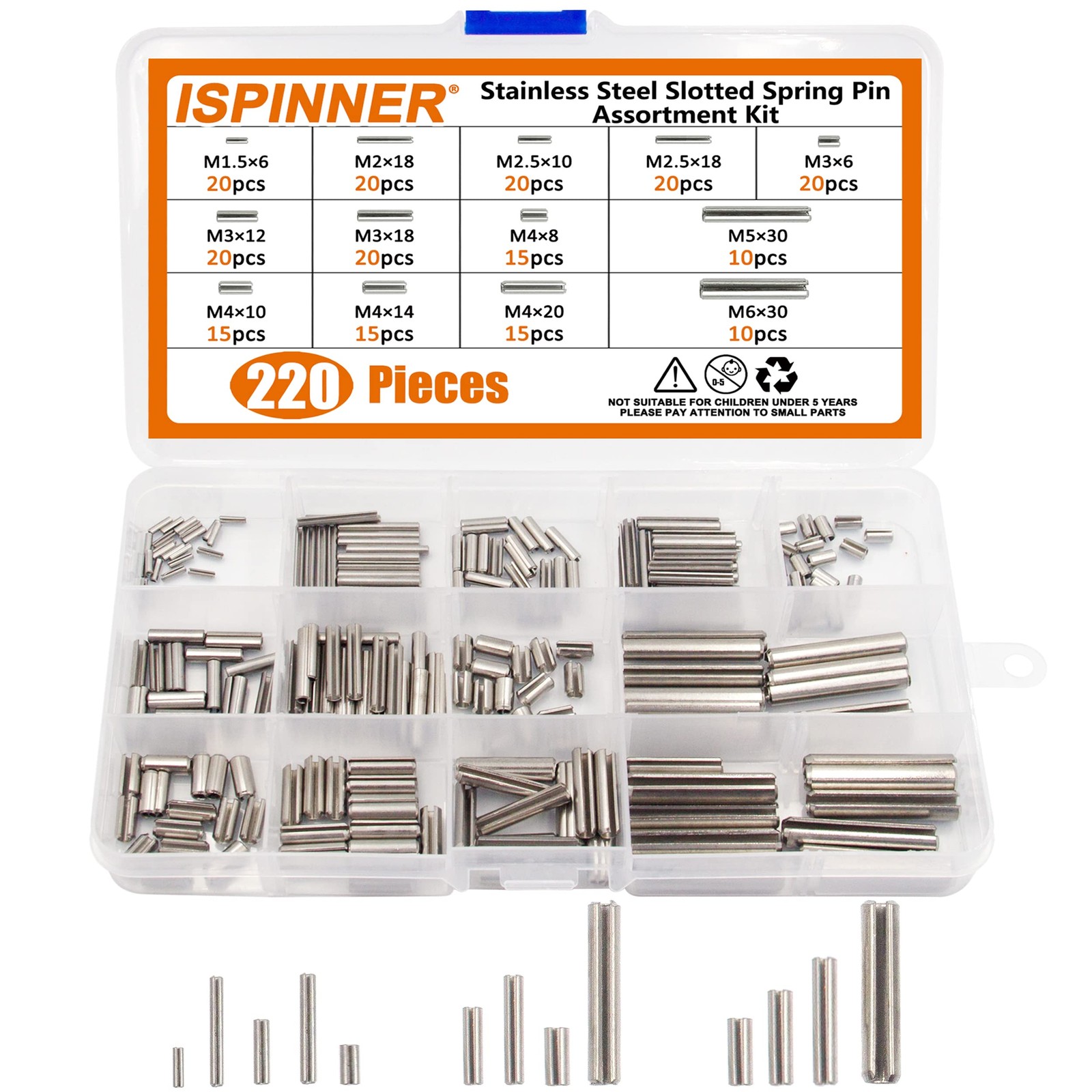 220pcs Roll Pin Set, Stainless Steel Slotted Spring Pin Assortment Kit M1.5 M...