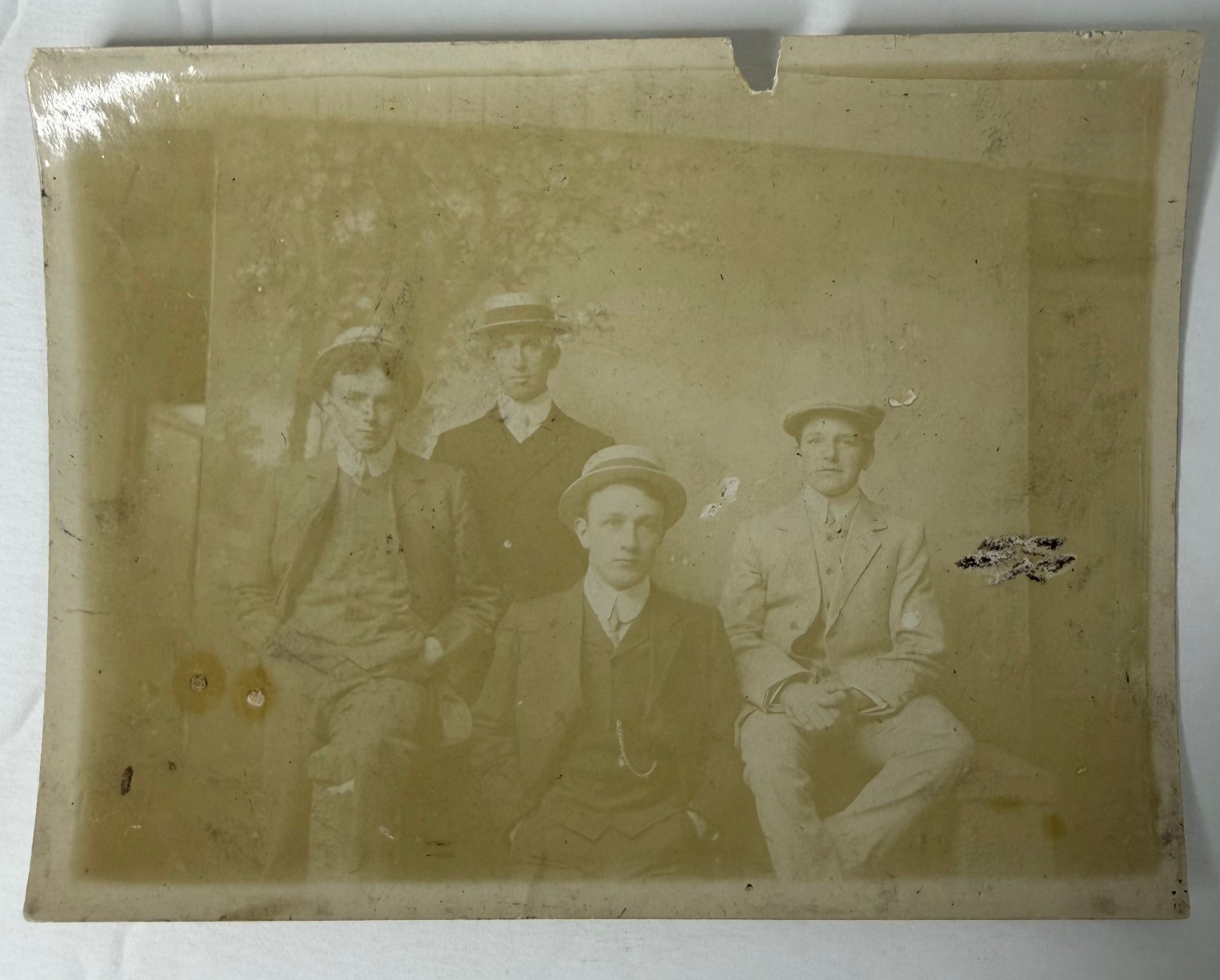 Vintage Sepia Photo Group Men In Hats Victorian Edwardian Era Antique Portrait