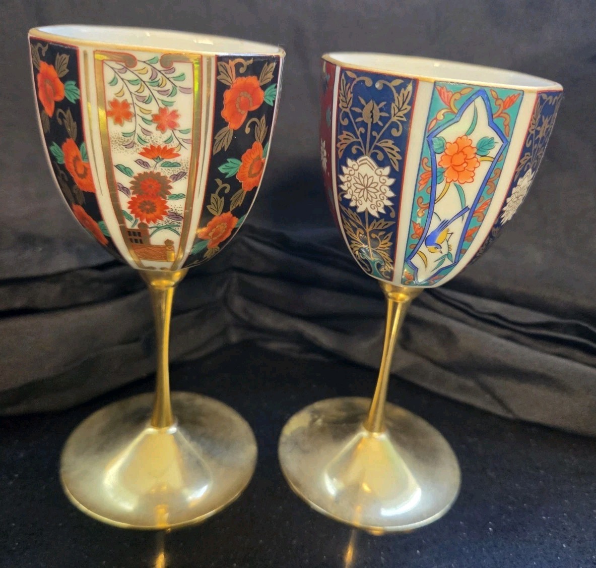 Kutani Yaki Ware Japan Porcelain Brass Stem Sake Wine Cups Goblets Set of Two