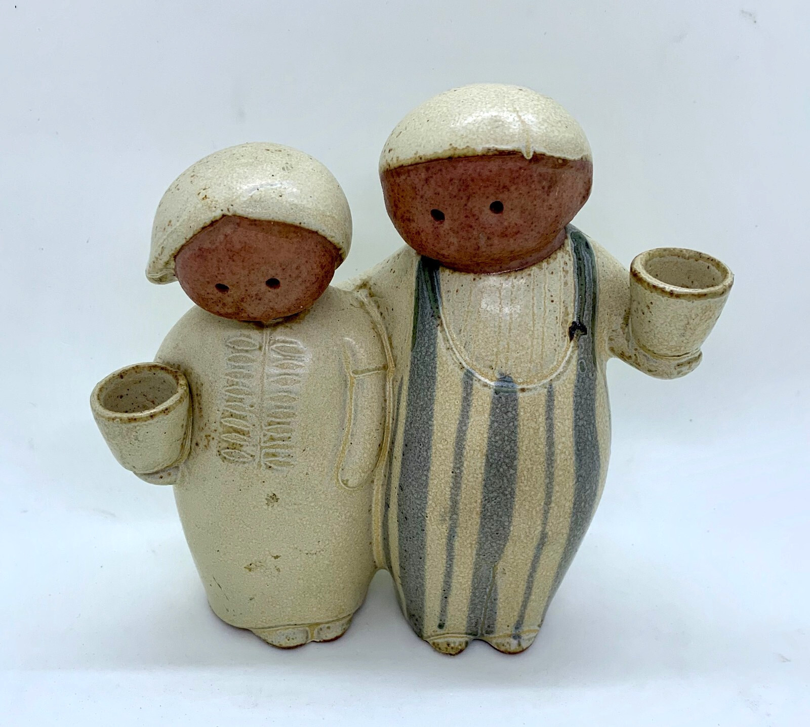 Vintage UCTCI Japan Stoneware Pottery Man & Woman Figurine Candle Holder