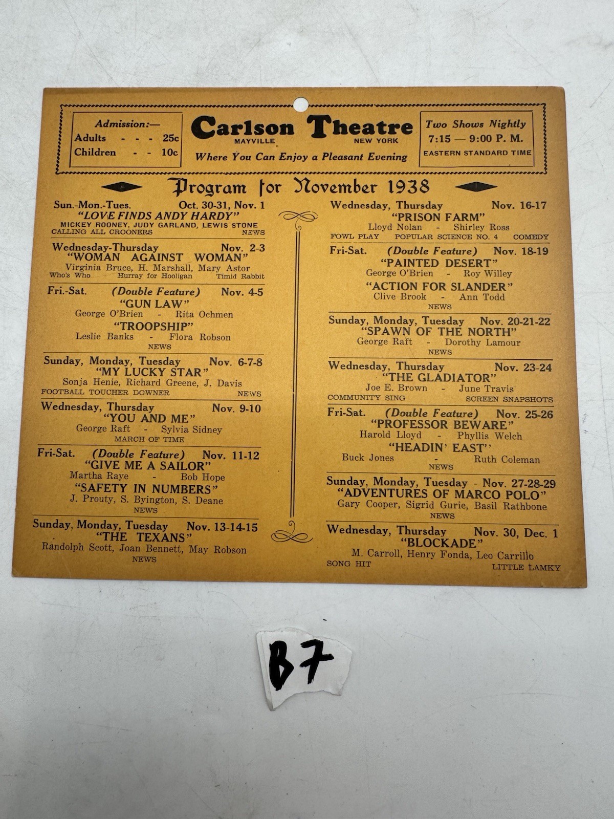 November 1938 Carlson Theatre Mayville New York Movie Calendar Mailing Card