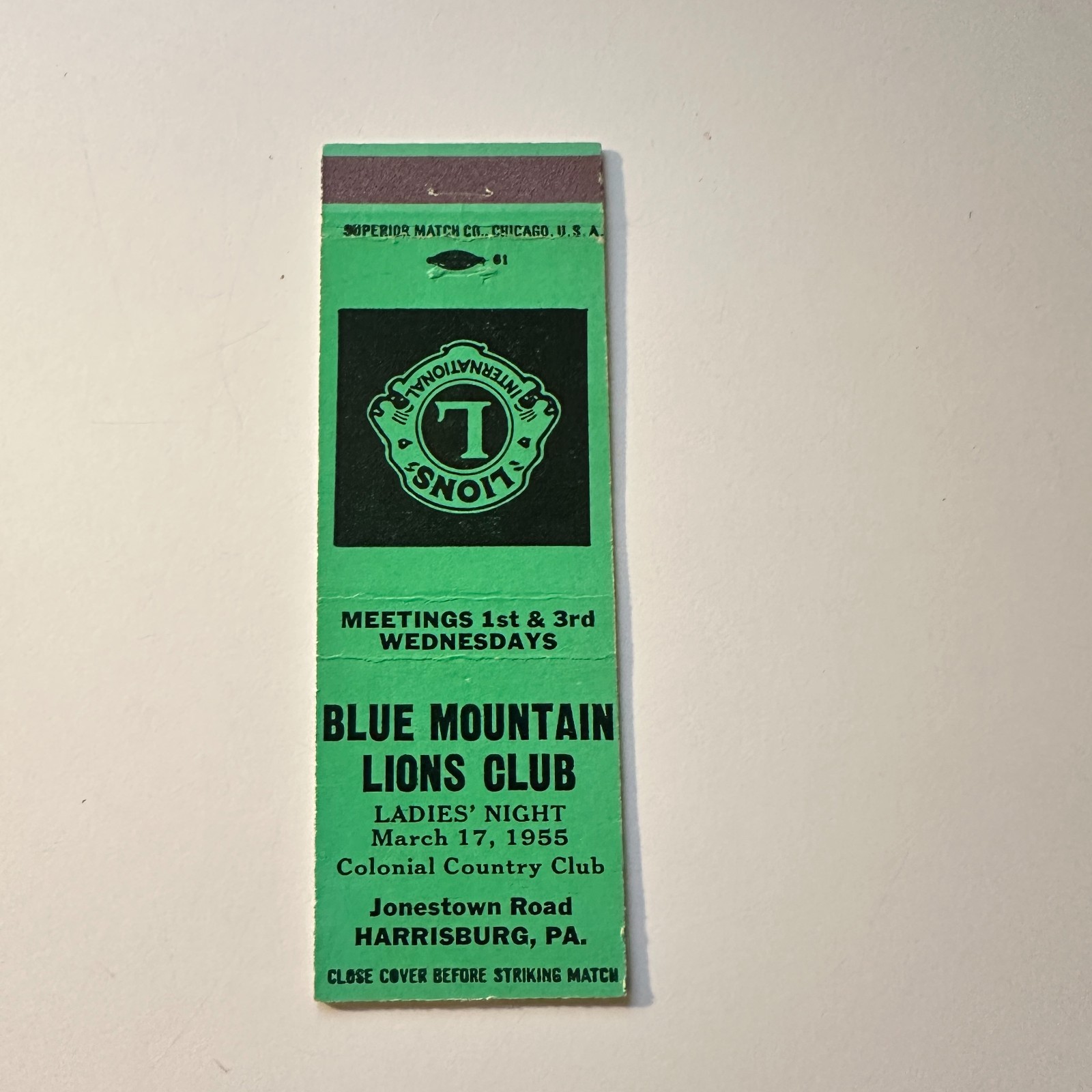 Blue Mountain Lions Club Harrisburg PA Vintage Matchbook Cover 5MB126-1-2