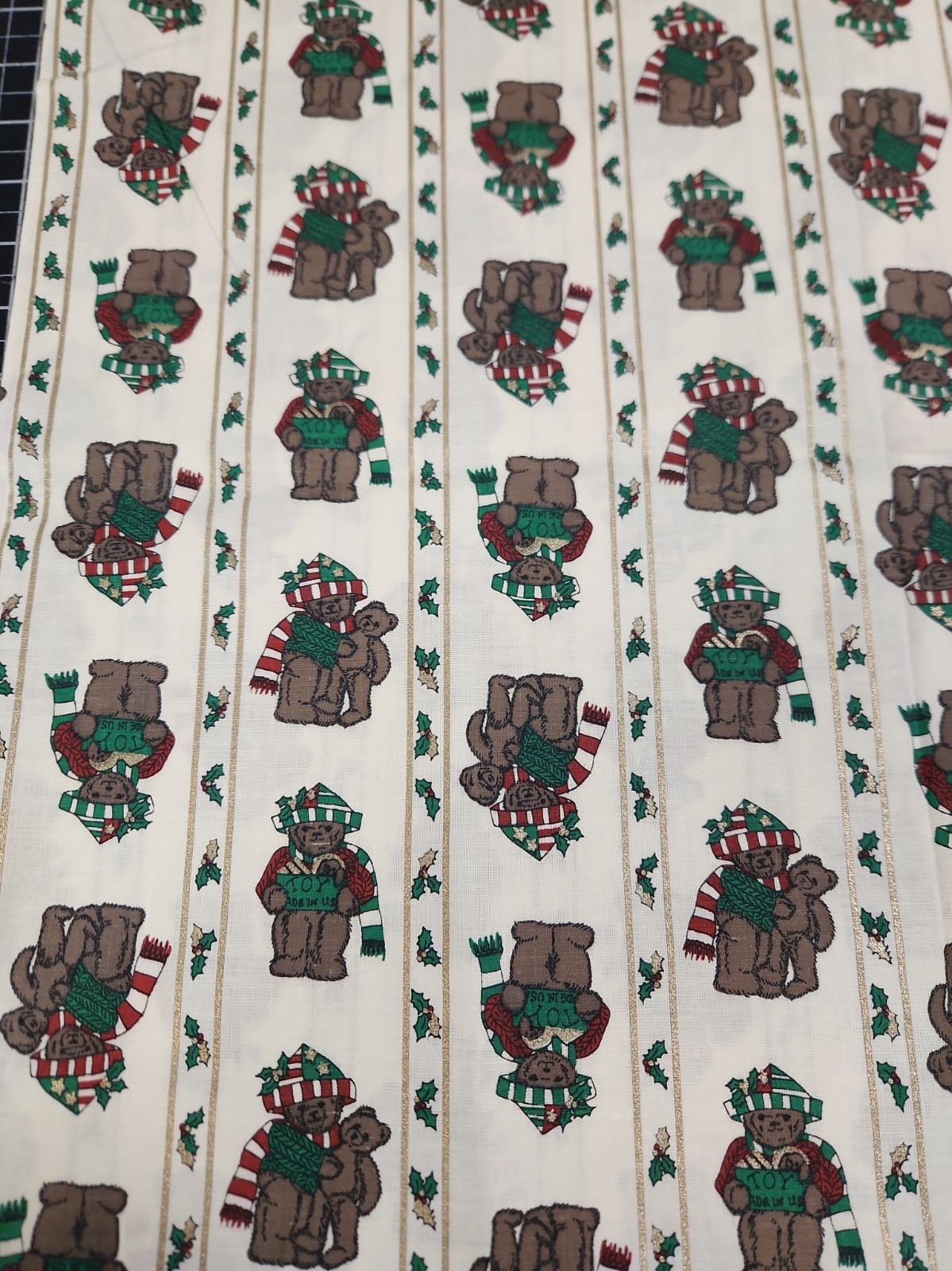 1.25 Vtg Christmas Teddy Bears Weilwood Industries  100% Cotton Striped Gold Red