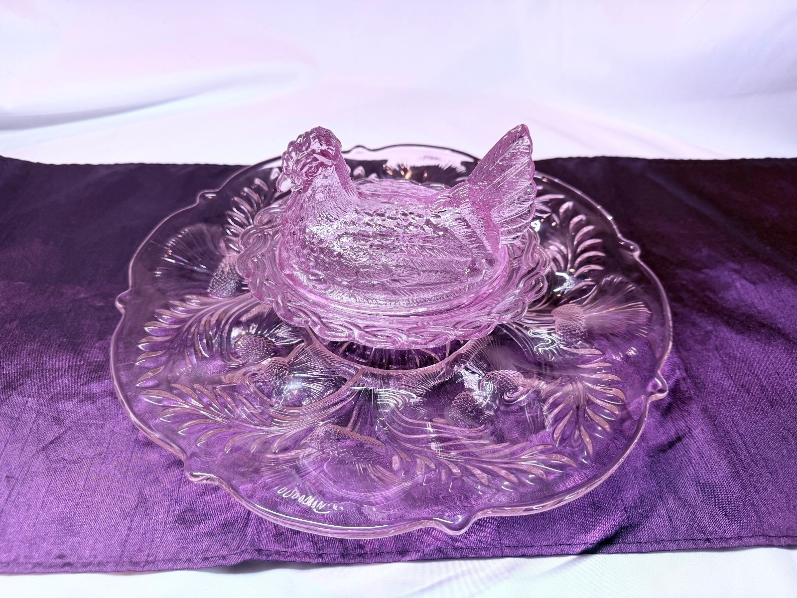 Mosser Glass Lavender Pink Hen on Nest Inverted Thistle Egg Platter