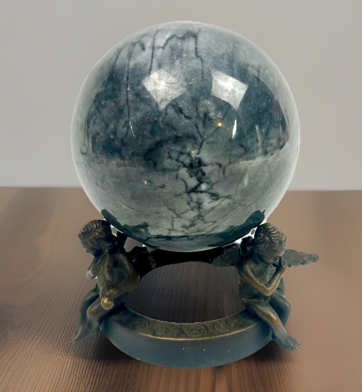 Vintage 3” Heavy Gray Marble Globe Held By 3 Bronze Cupids