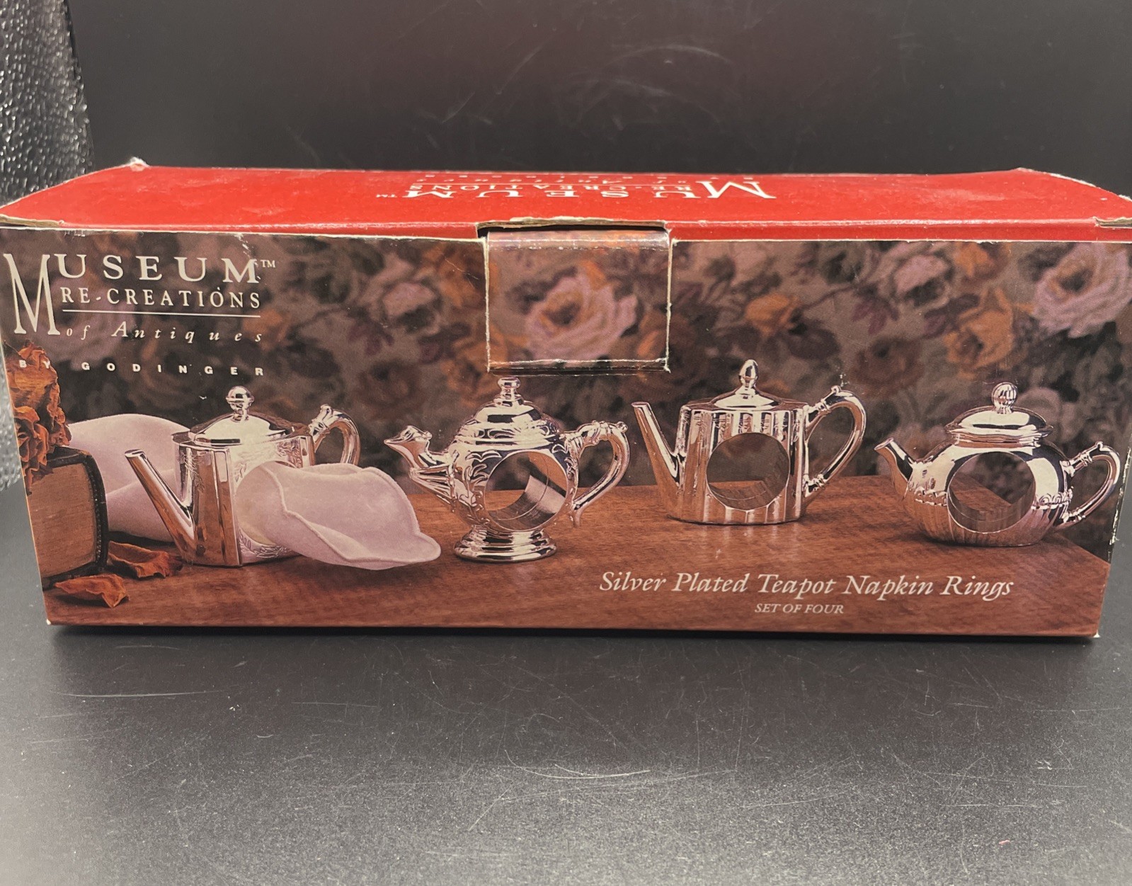 Vintage Godinger Museum Re-Creations Silver Plated Teapot Napkin Rings Set of 4