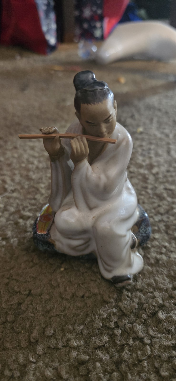 Vintage China Shiwan Clay Scholar Playing With Flute 