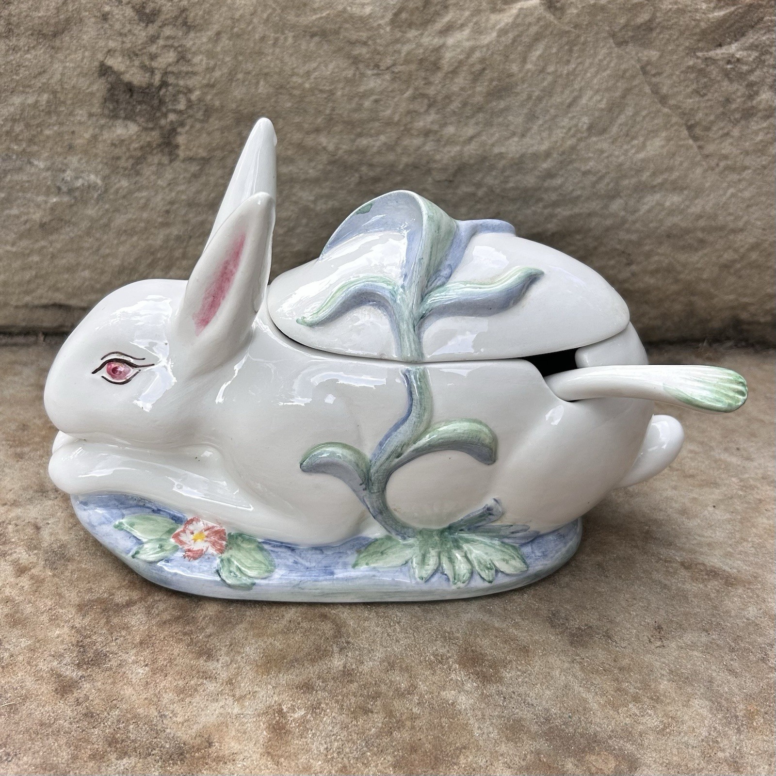 Vtg Antonio Zen Nove Italy Ceramic Rabbit Bunny Dish Lid Spoon Ladle Handcrafted