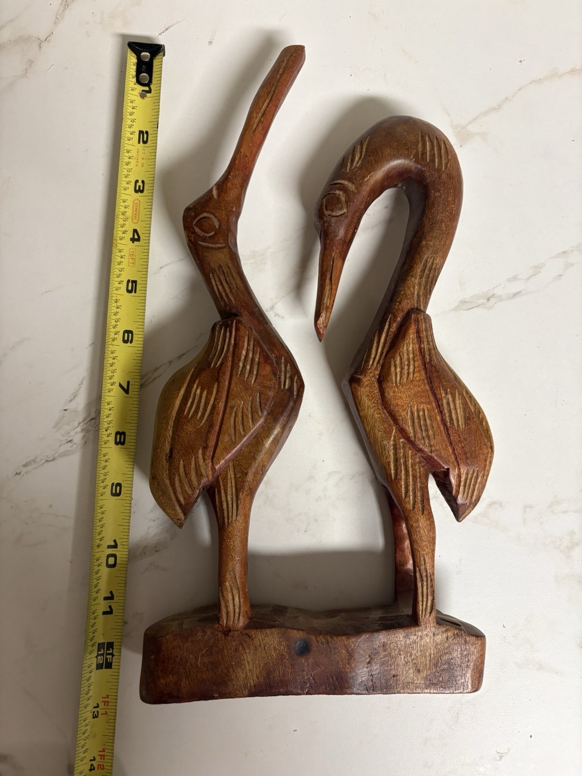 Vintage Hand Carved Wood Pair of Cranes Herons Figurine on Base 11” Folk Art