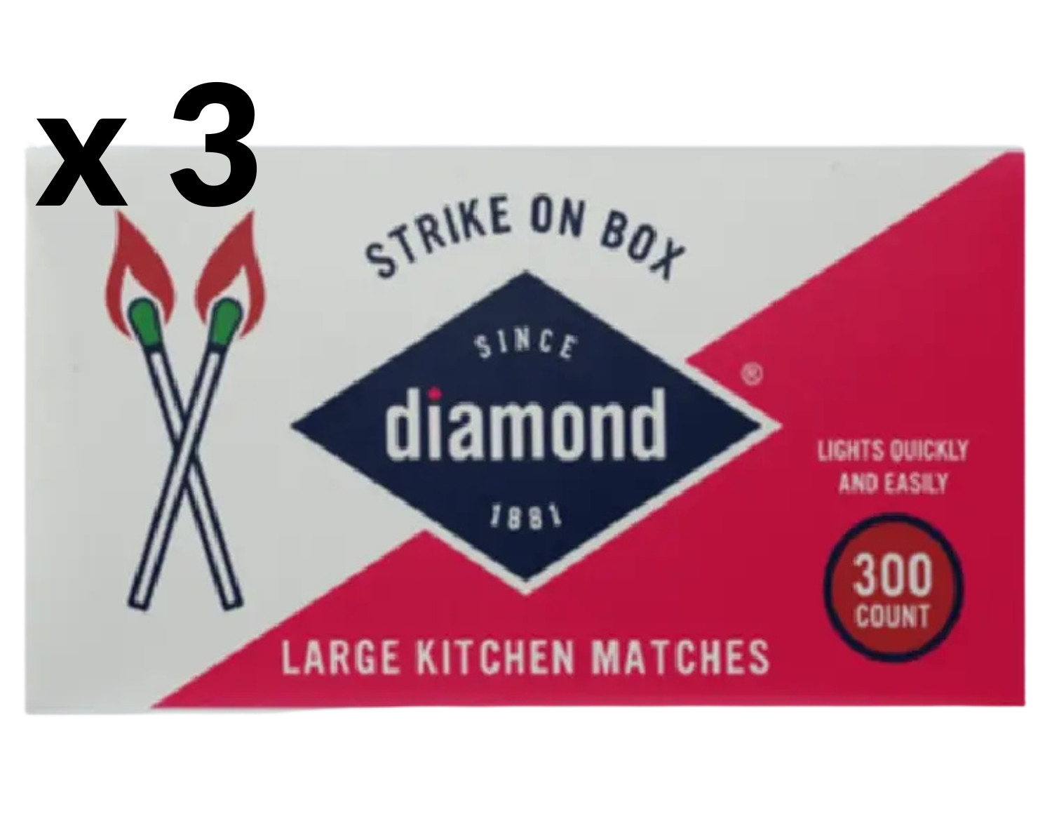 3 pack Diamond Greenlight Strike on Box Wooden Matches Kitchen 900 Ct, 