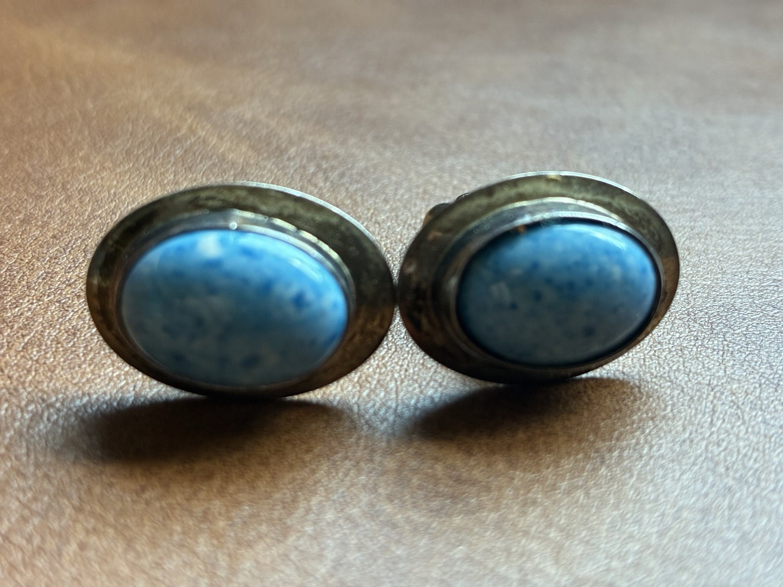 Native American Made Sterling Silver Turquoise Oval Cufflinks Vintage Estate