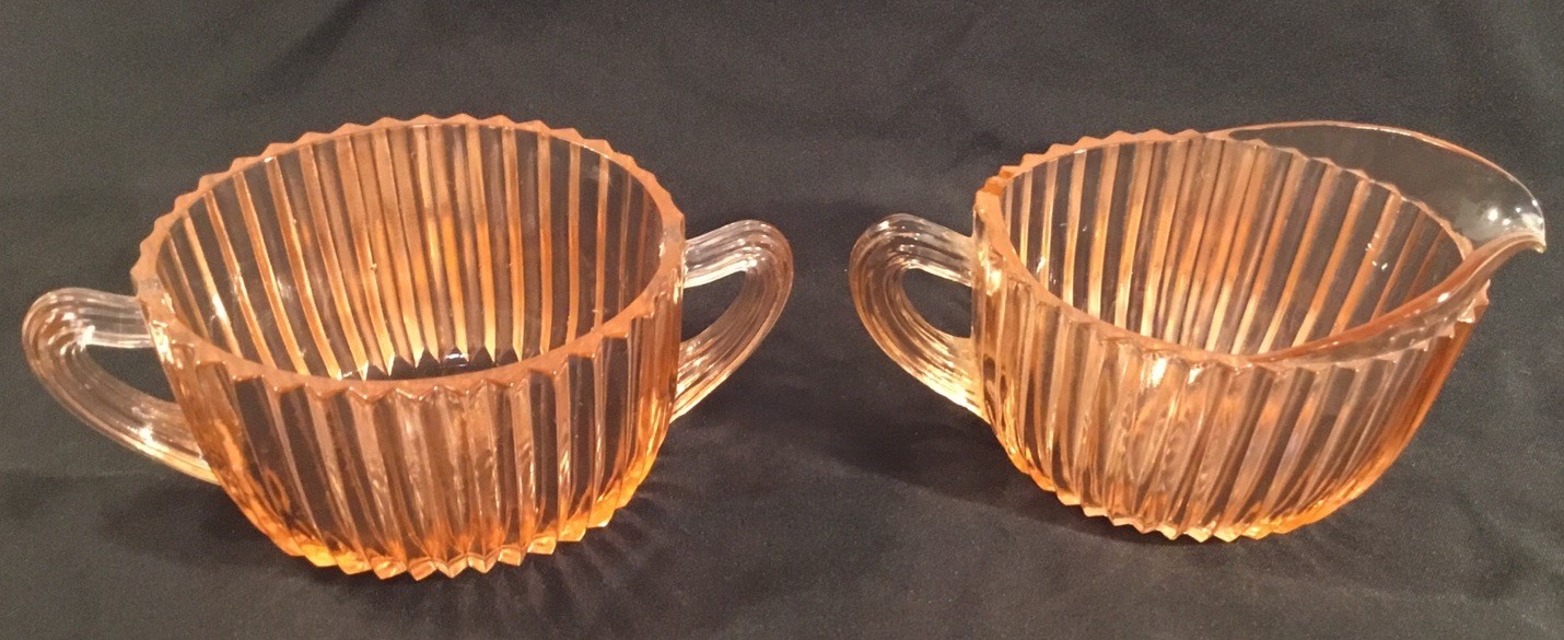 Anchor Hocking Queen Mary Retro Pink Glass Sugar Bowl & Creamer