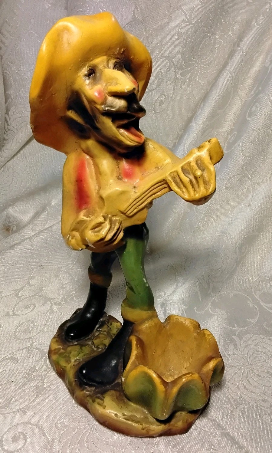 Vintage Chalkware Hillbilly Band Guitar Player Figurine Ashtray Signed 