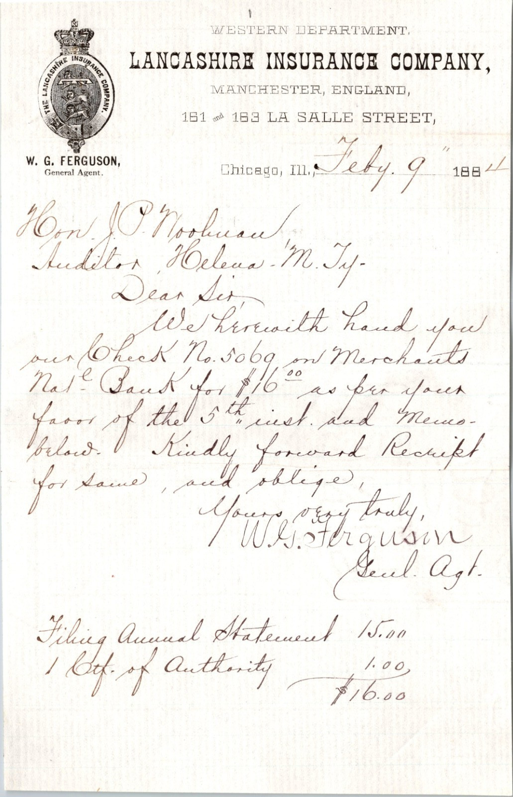 Lancashire Insurance Company Chicago IL 1884 Letterhead