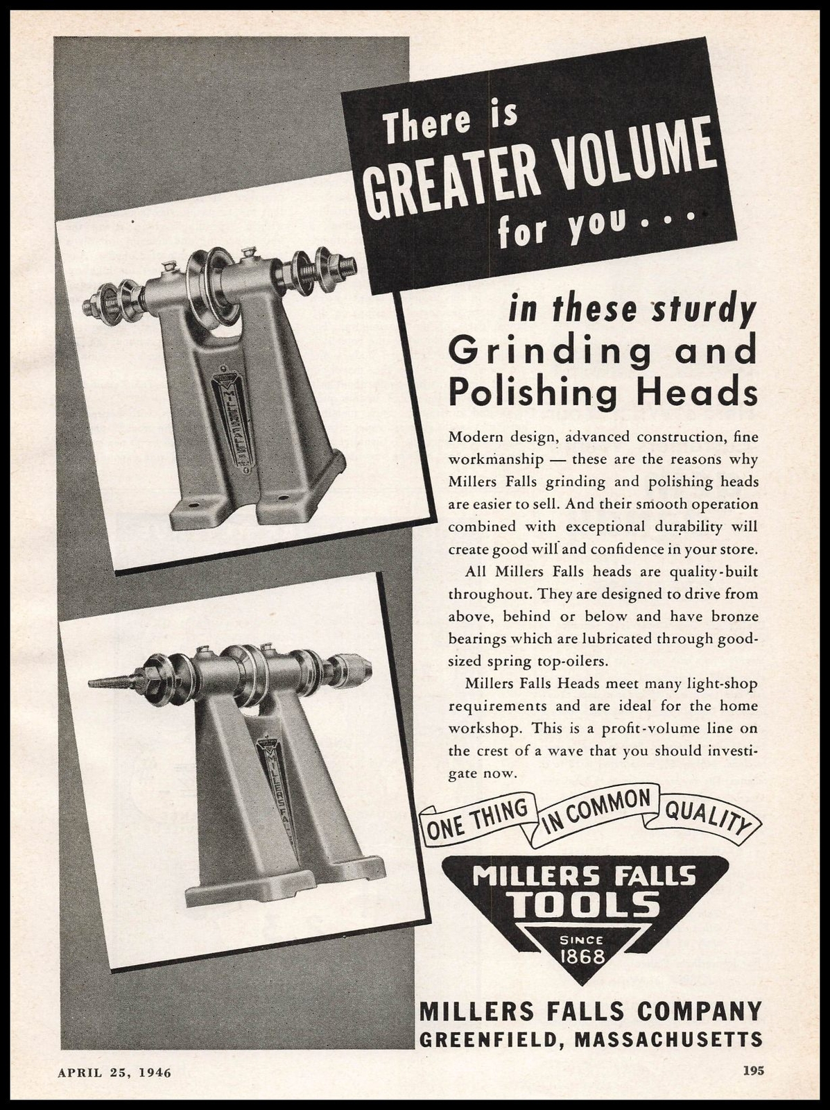 1946 Millers Falls Tools Greenfield Massachusetts Grinding Heads Print Ad