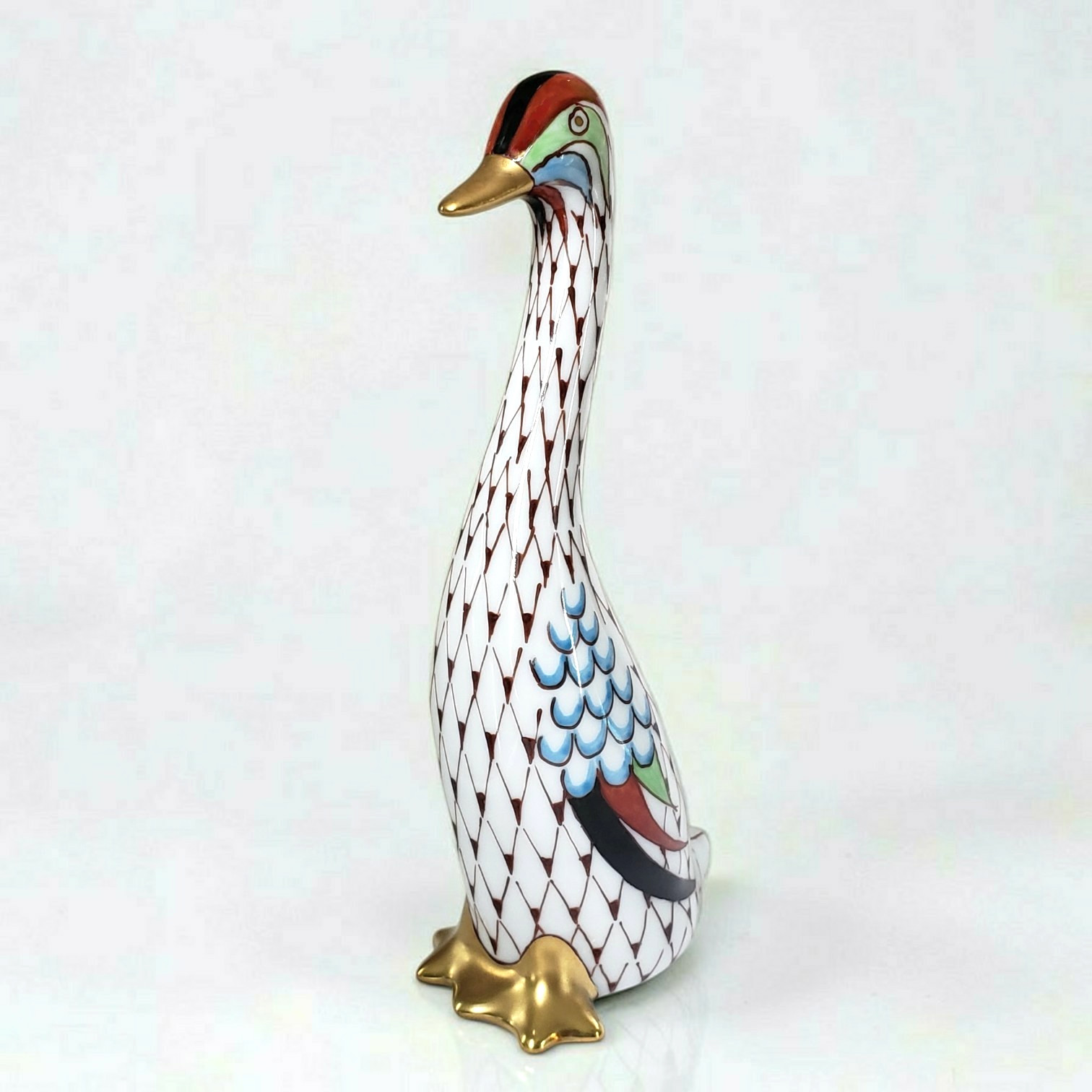 Vintage Hollohaza Hungary Fishnet Goose Porcelain Figurine Hand Painted Gold