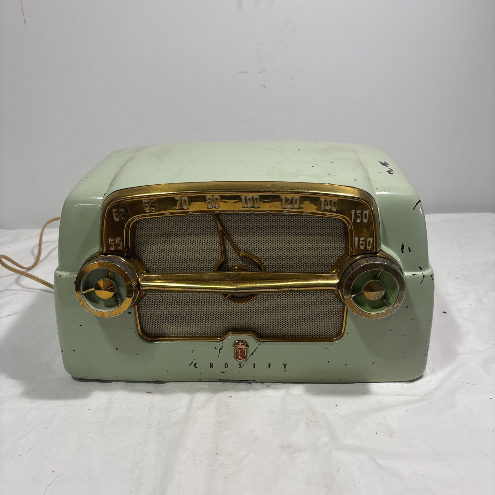 Vintage 1953 Crosley E-15CE Green Tube Radio Style Powers On Static AS-IS