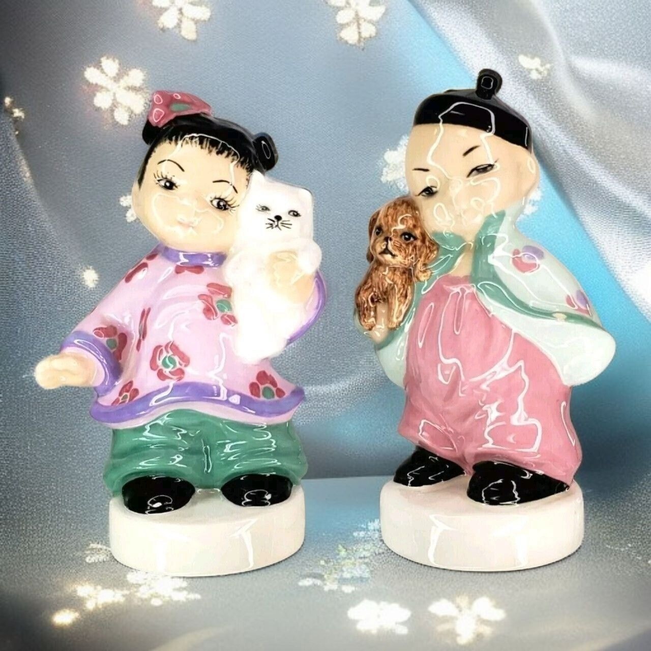 Vintage Ceramic Figurines Boy & Girl Holding Dog Cat Hand-Painted