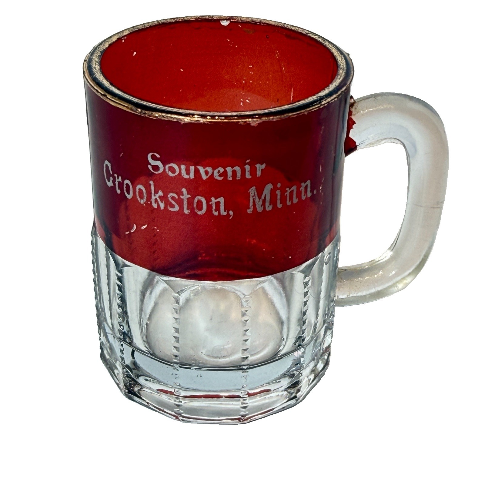 CROOKSTON MINNESOTA MN ANTIQUE Ruby Red Flash Souvenir Glass TRINKET CUP