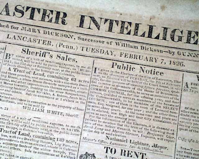 19th Century LANCASTER PA County Pennsylvania Dutch Amish Country 1826 Newspaper