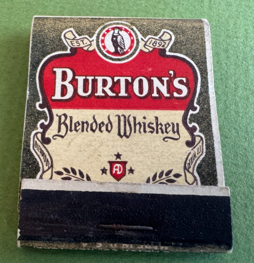 Burton's Blended Whiskey Matchbook, Old & Vintage, 1940's, 13 Sticks, Nice Color Burton's Blended Whiskey Matchbook, Old & Vintage, 1940's, 13 Sticks, Nice Color