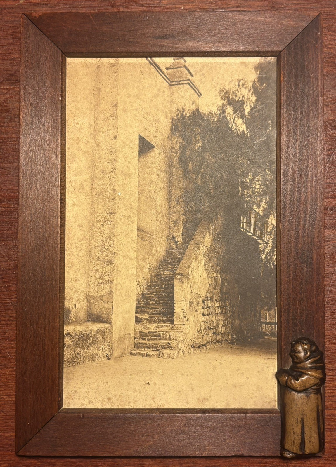 Arts Ands Crafts Era Mission San Gabriel Photo W/Carved Wood Frame Friar Relief