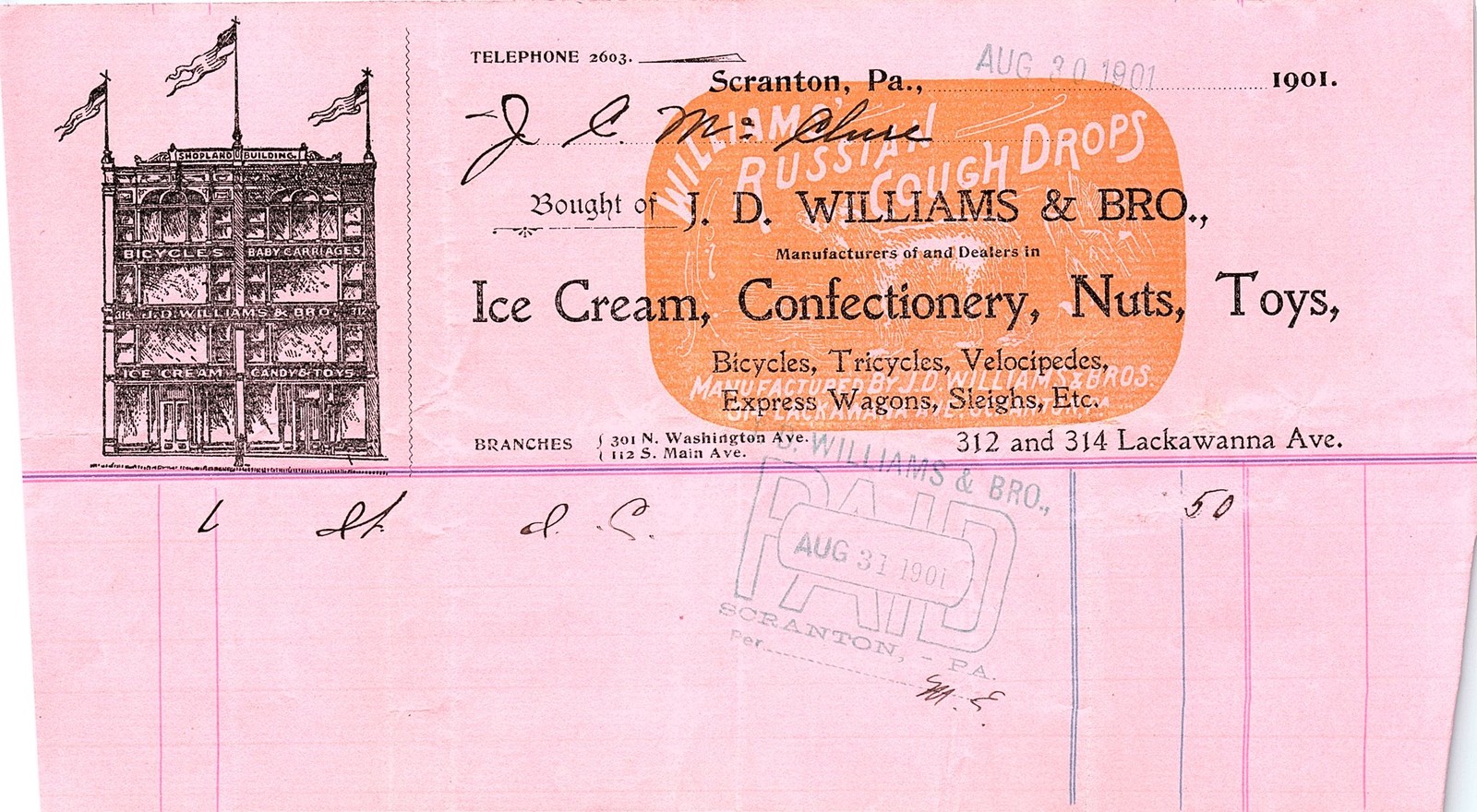 1901 J.D. Williams & Bro. Scranton, PA billhead