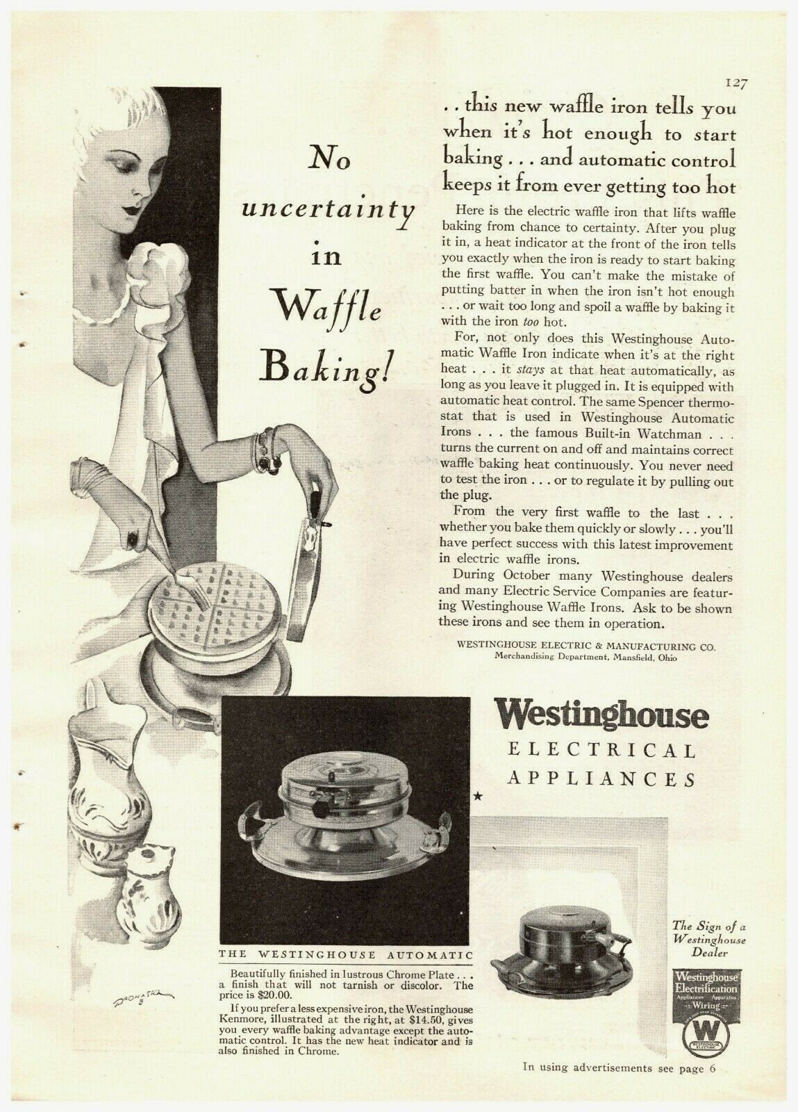 1929 Westinghouse Automatic Waffle Iron Vintage Print Ad