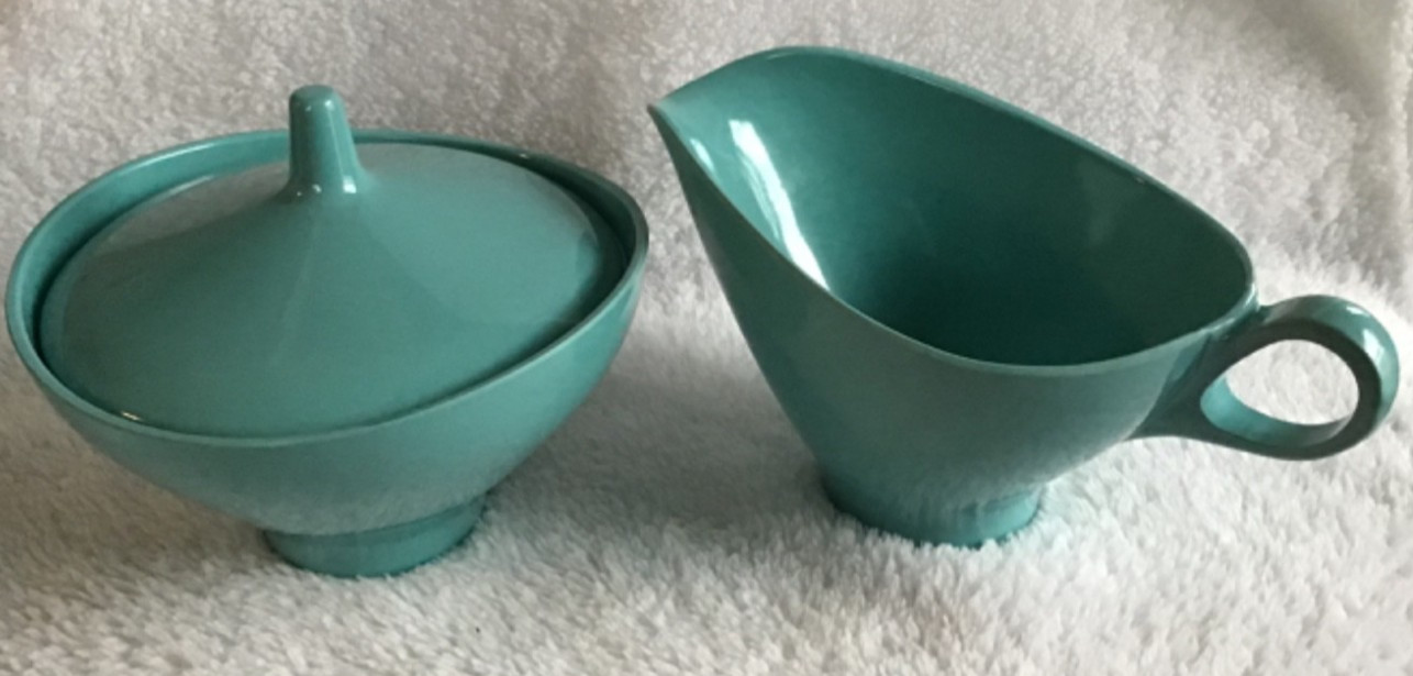 Mid Century Boonton N.J. USA Vintage Teal Cream & Sugar Durable Melamine Plastic