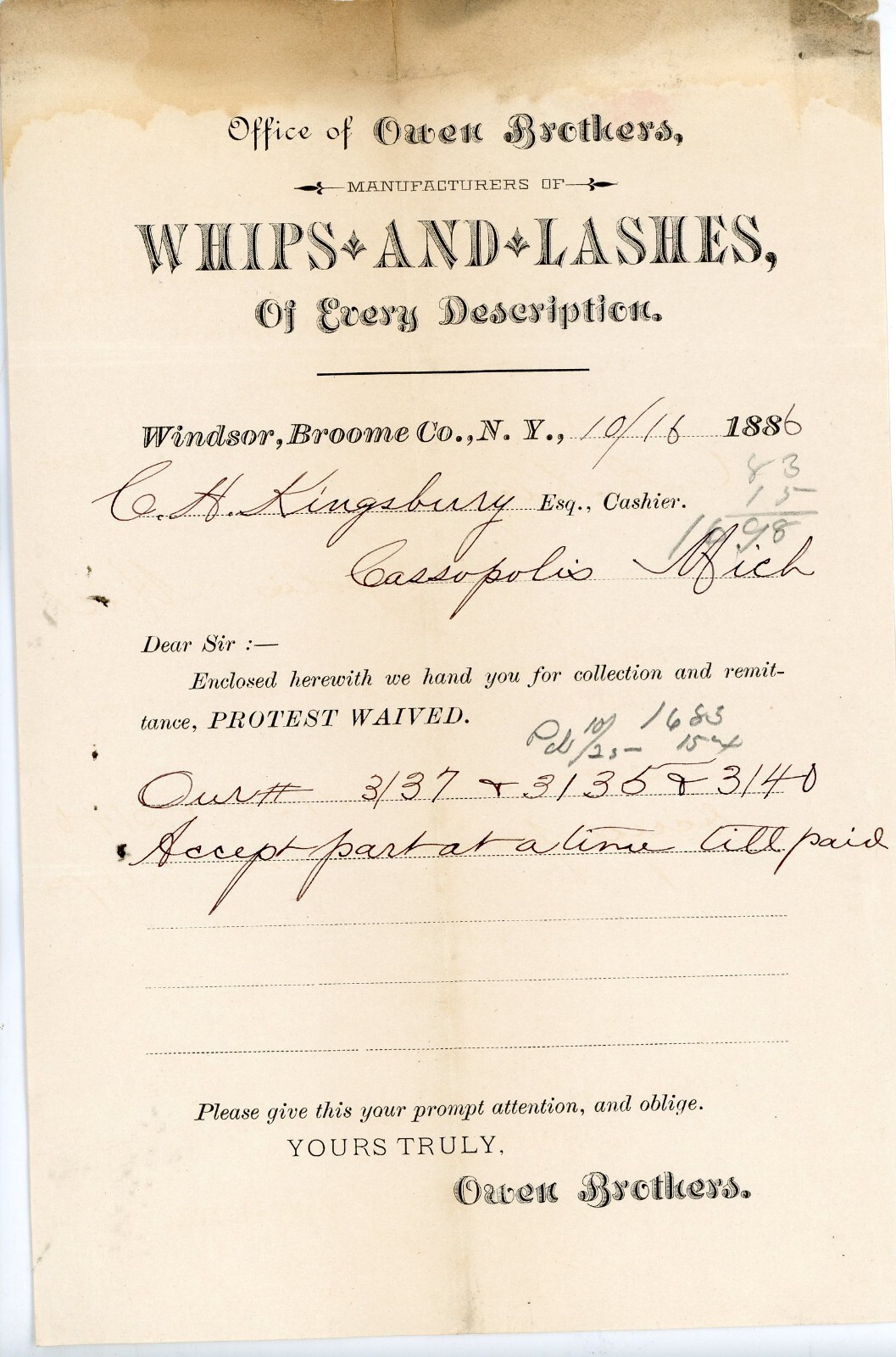 1886 Owen Brothers Whips & Lashes Windsor New York NY Letterhead 2 CH Kingsbury