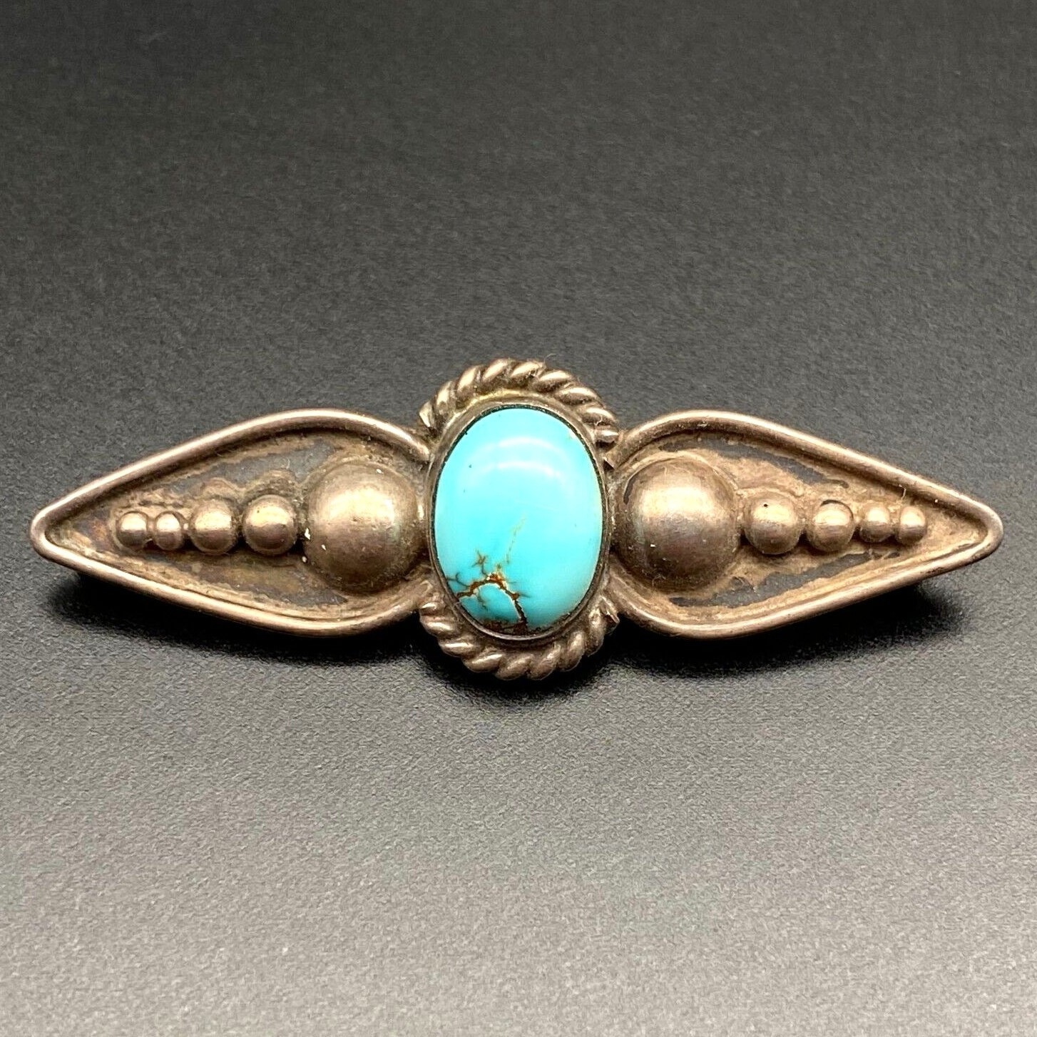 Vintage Southwest Arts and Crafts Turquoise Bead Slug Silver Pin Brooch