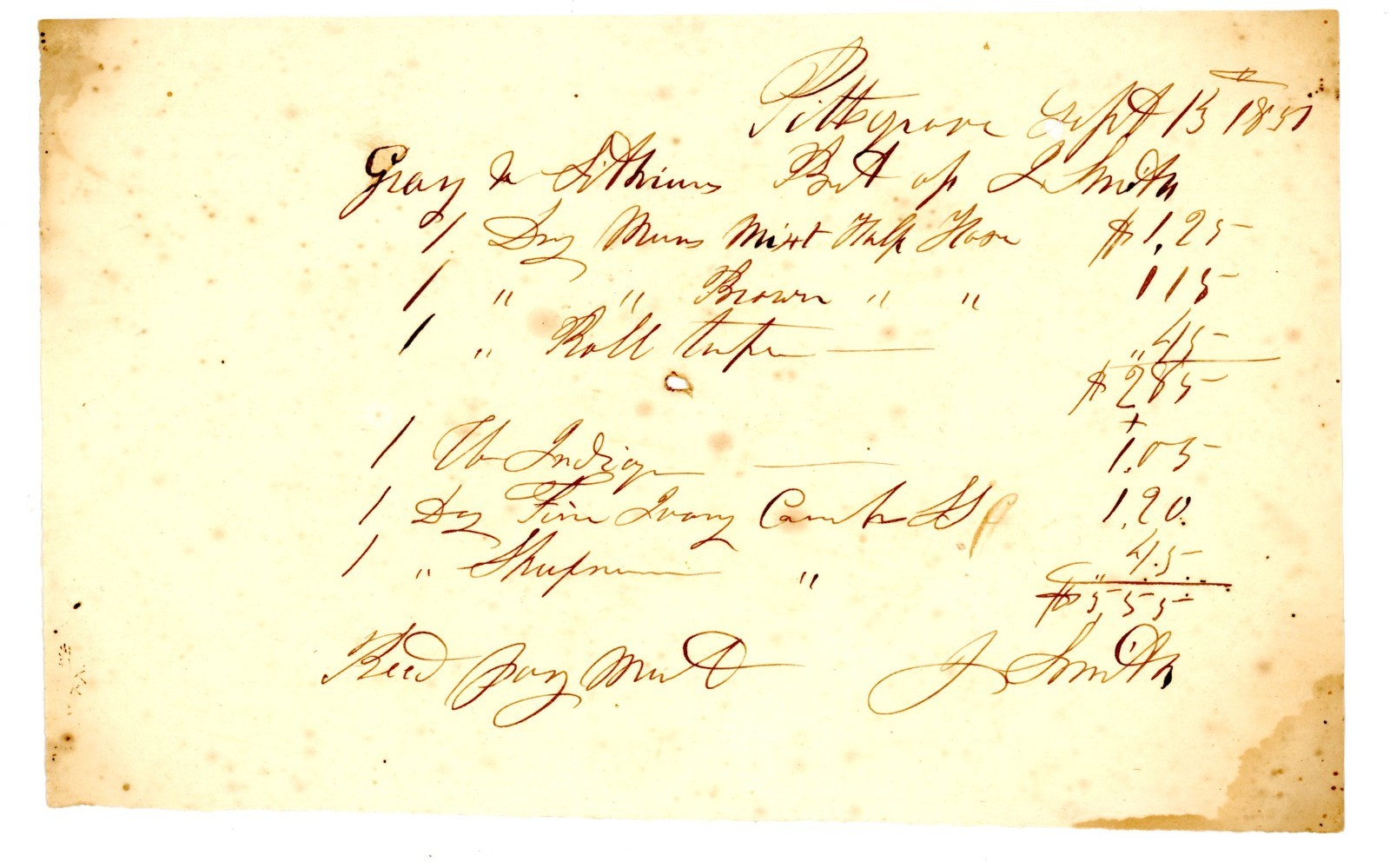 1857 Handwritten Receipt – Pittsgrove NJ – Dry Goods & Textiles – Gray & Atkins