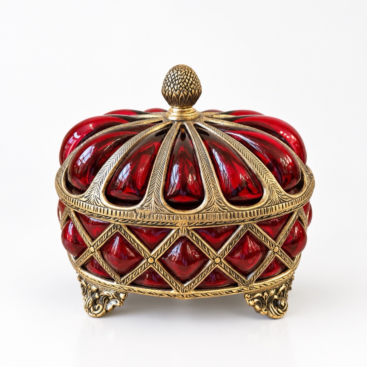 Ruby Red Caged Bubble Glass Brass Apothecary w/Lid Baroque Antique Style