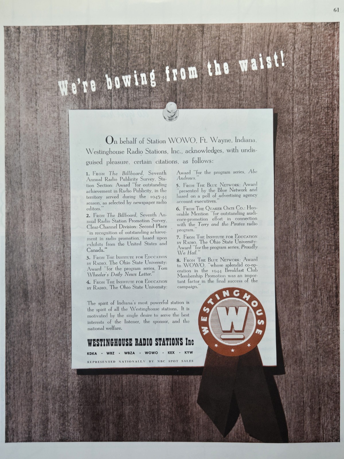 Westinghouse Radio Stations WOWO Ft Wayne IN KDKA WBZ KEX KYW Print Ad 1945