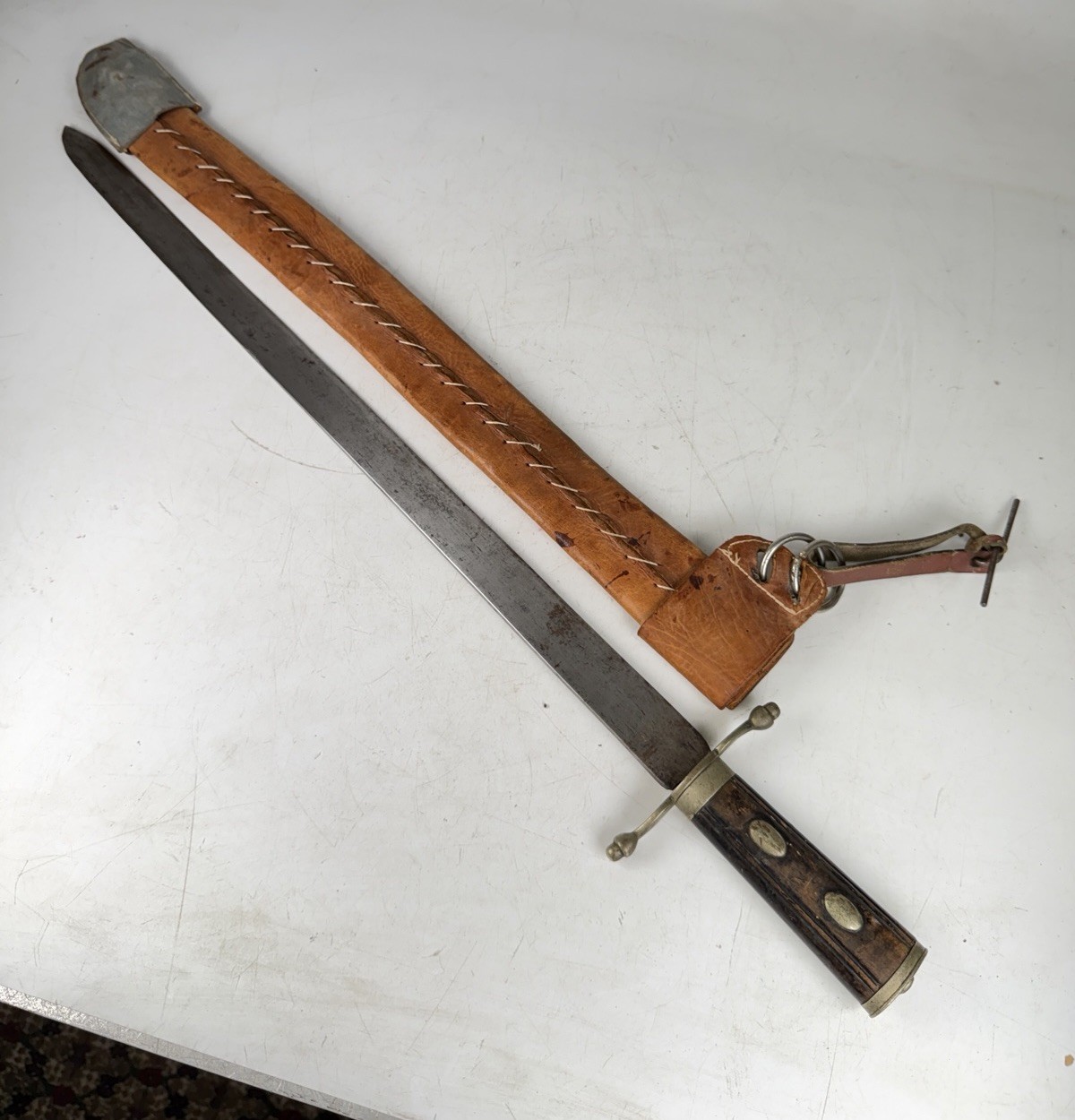 Antique 27.5” 17-1800s German Hunting Sword Hirschfänger Forged Dagger W Sheath