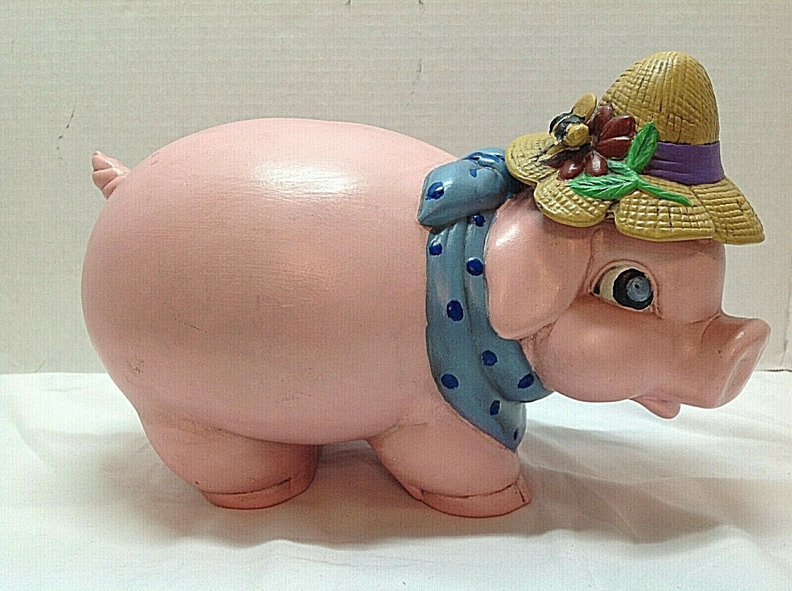 Vintage Ceramic Pink Piggy Coin Bank With Straw Hat 